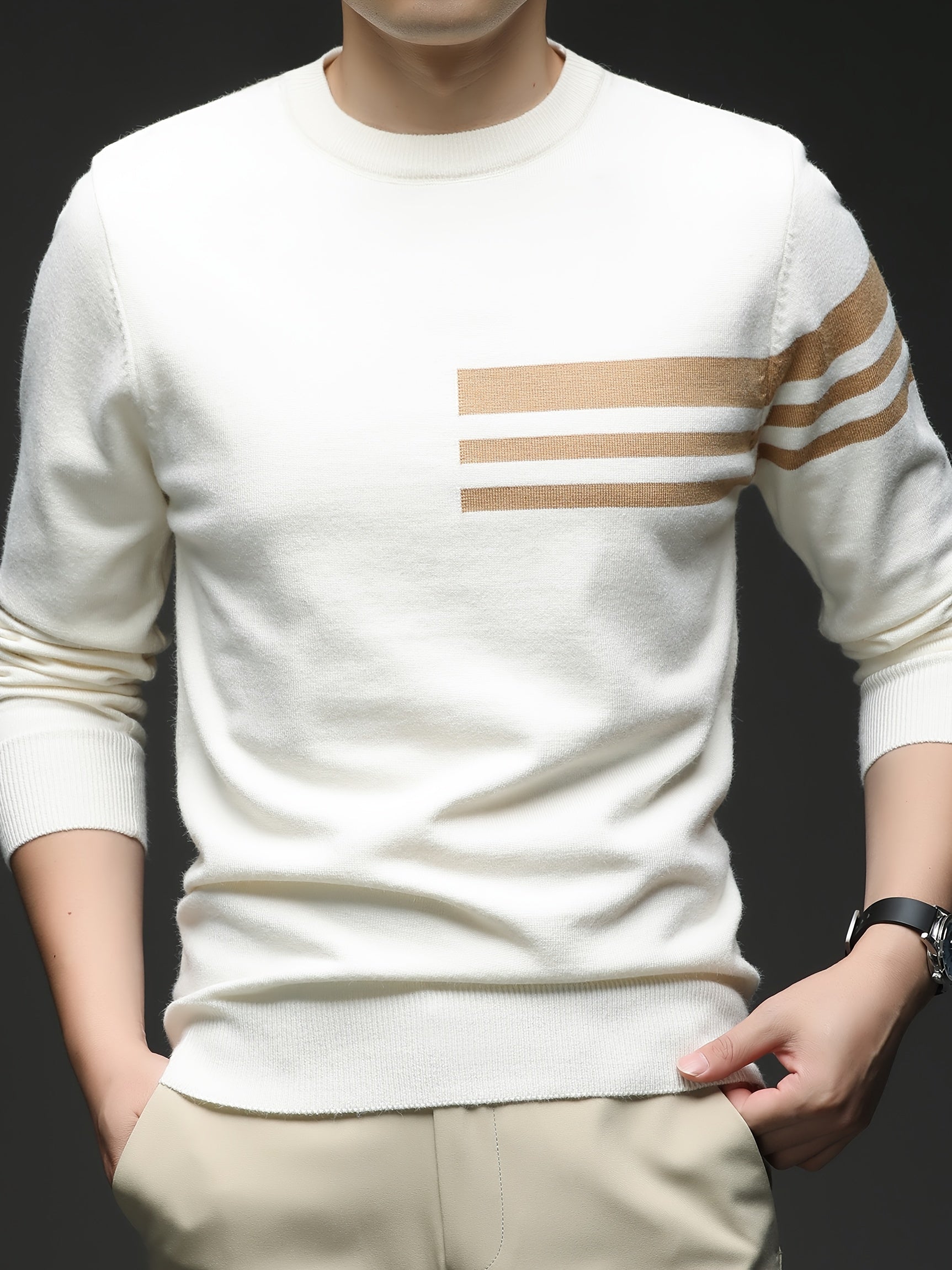 Men's New Round Neck Knit Sweater with Three-Stripe Decoration, Suitable for Autumn and Winter Layering, Fashionable Casual Outing and Dating