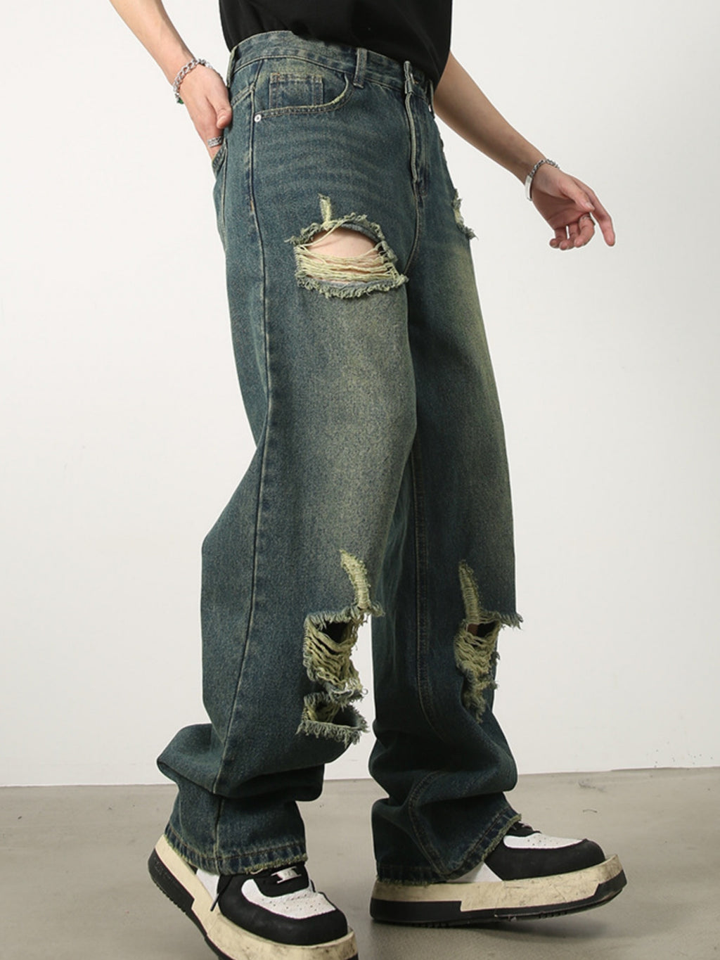 Men's Denim New Design Sense Street Dance Hip-hop Skateboard Hole Straight Leg Jeans Frosted Wide Leg Loose Casual Denim Pants