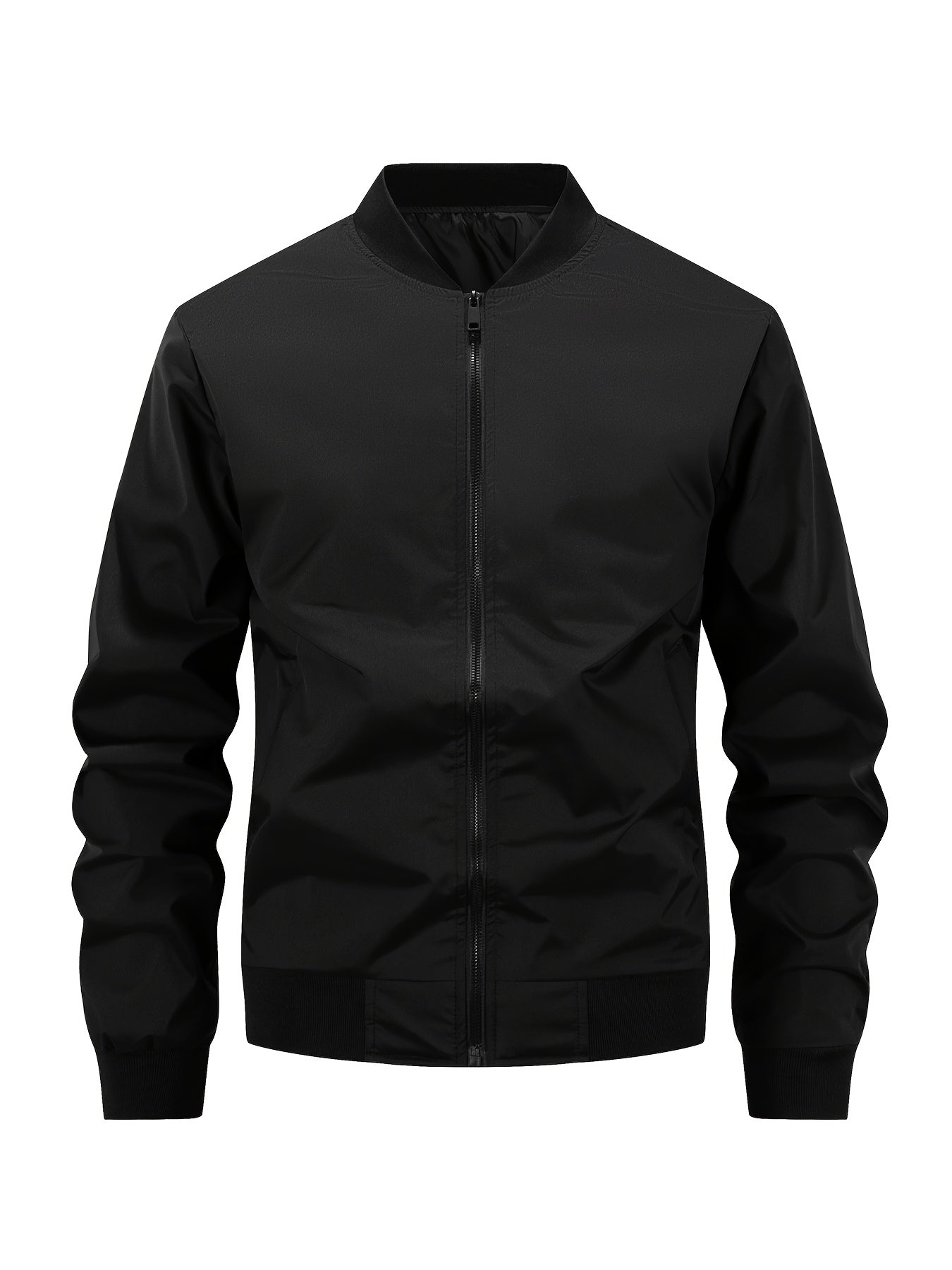 Casual Bomber Jacket Black Polyester Men's Bomber Jacket | Casual Zip-Up Baseball Collar, Long Sleeve, Sports & Casual Wear, Casual Outerwear