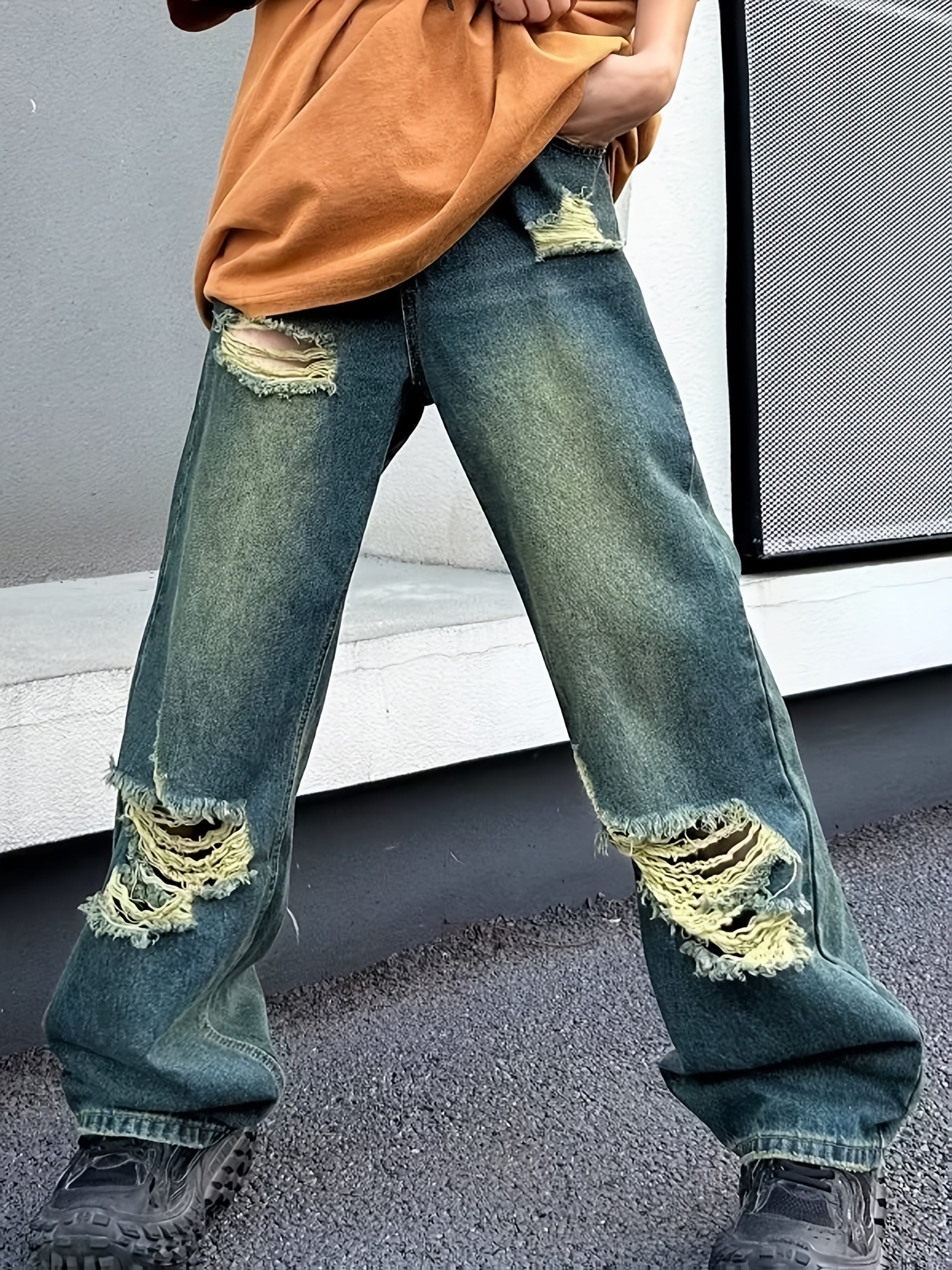 Men'S Fashion Design Sense Hole Straight Jeans Sanded Wide Leg Loose Casual Pants Walking Cycling Pants.