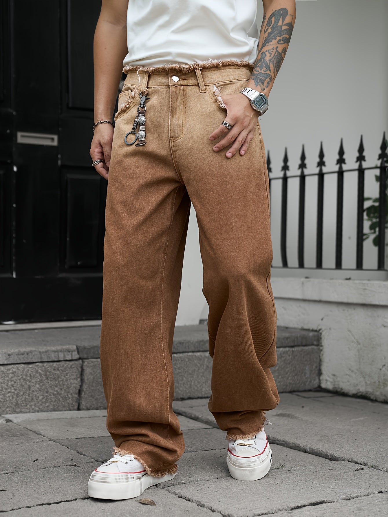 Men'S Vintage Washed Ombre Jeans - Casual Straight-Leg Pants with Frayed Hem, Gradient Brown to White Design, Loose Fit for Everyday & Weekend Wear, Relaxed Fit Jeans, Hiphop Style Pants, Nonstretch Fabric