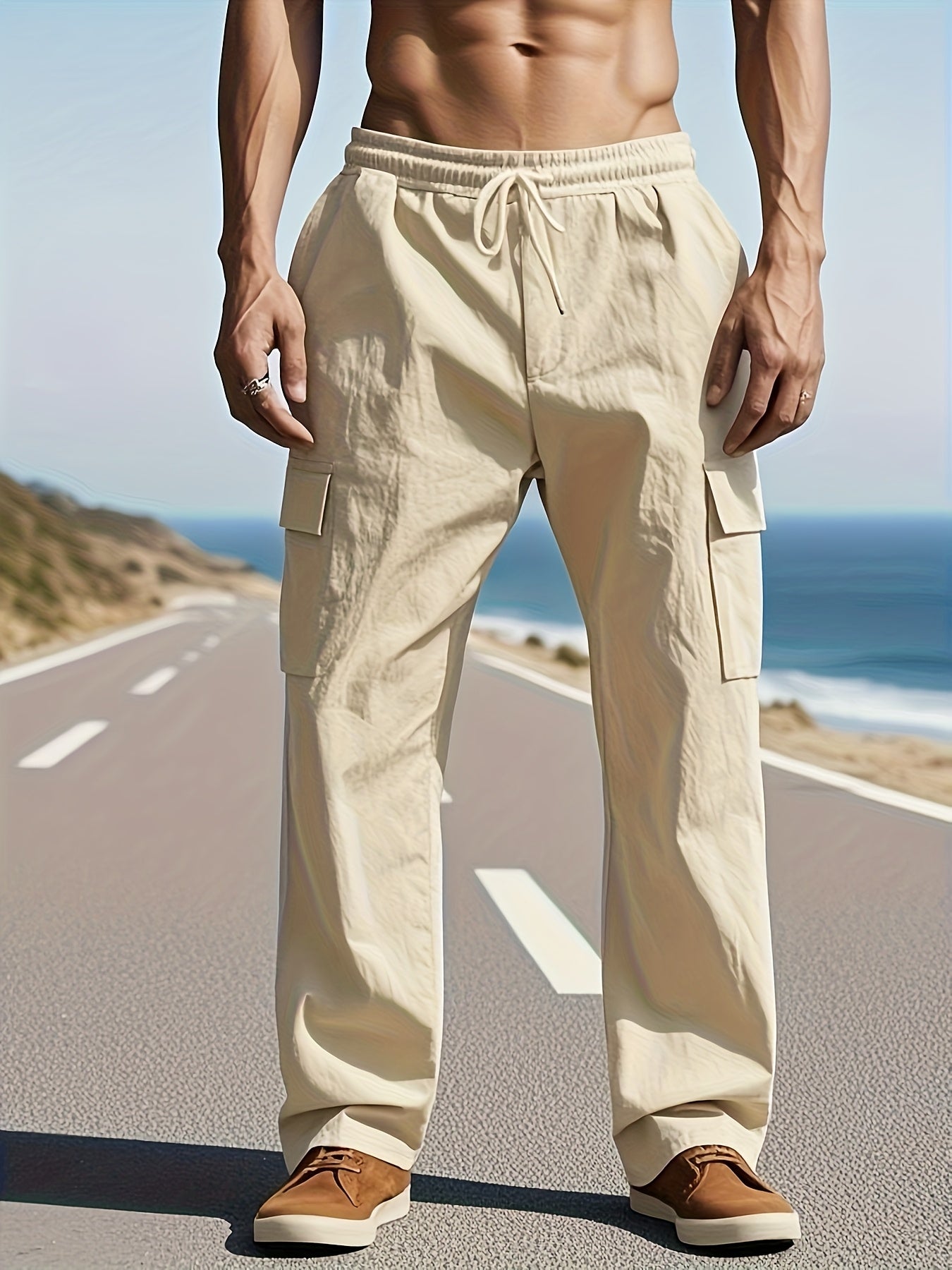 Linen Pants - Wide-Leg Relaxed Fit with Multiple Utility Pockets, Belt Loops & Mid-Rise Waist | Casual & Dress Pants for, Travel, Beach | Breathable Fiber Trousers (Machine Washable)