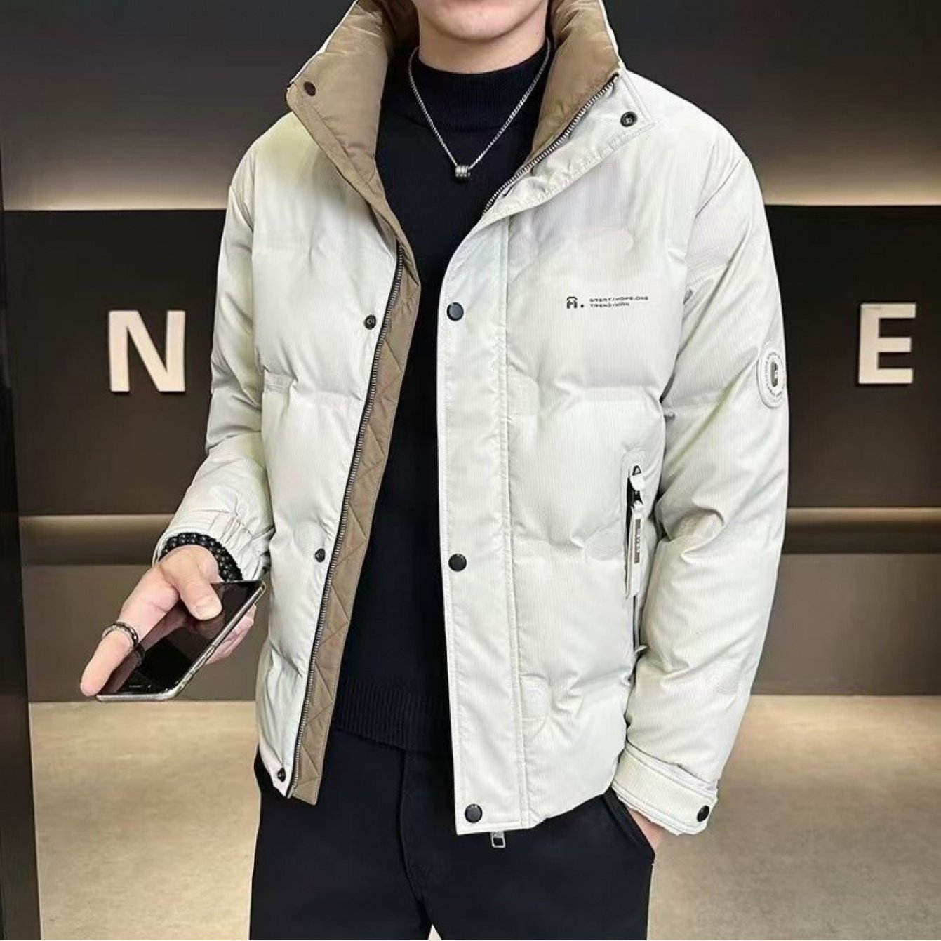Men's Winter Duck Down Jacket - Short-Length Cold-Weather Coat with Stand Collar & Zipper Closure, Korean Style Luxury Outerwear, Hand Washable (Solid Color for urban Commute to Resorts)