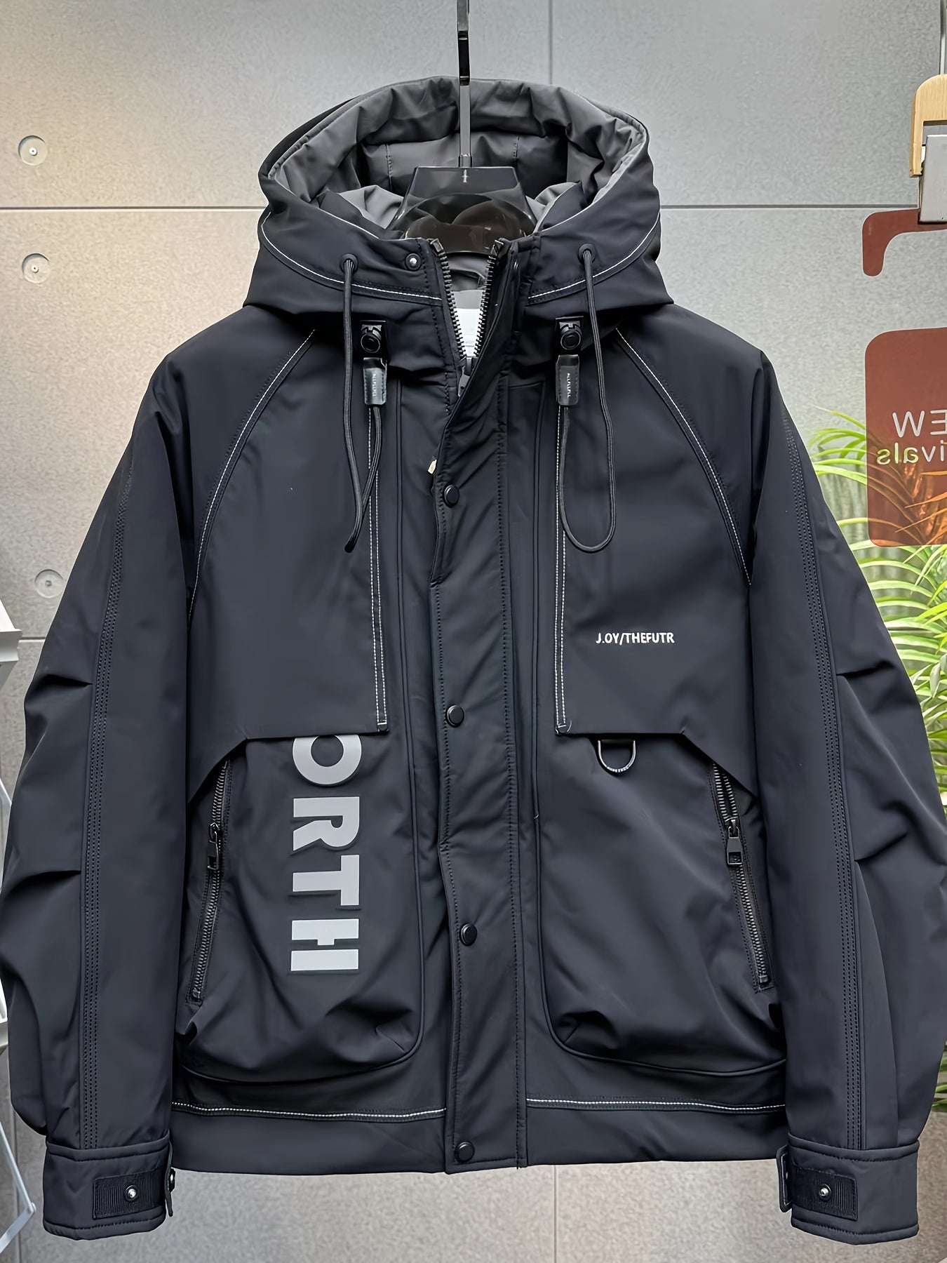 Men'S Casual Hooded Jacket with Alphabet Pattern, Regular Fit, Duck Filled, Non-Stretch Polyester Fabric, Woven, with Pockets - Winter Outdoor Workwear Coat