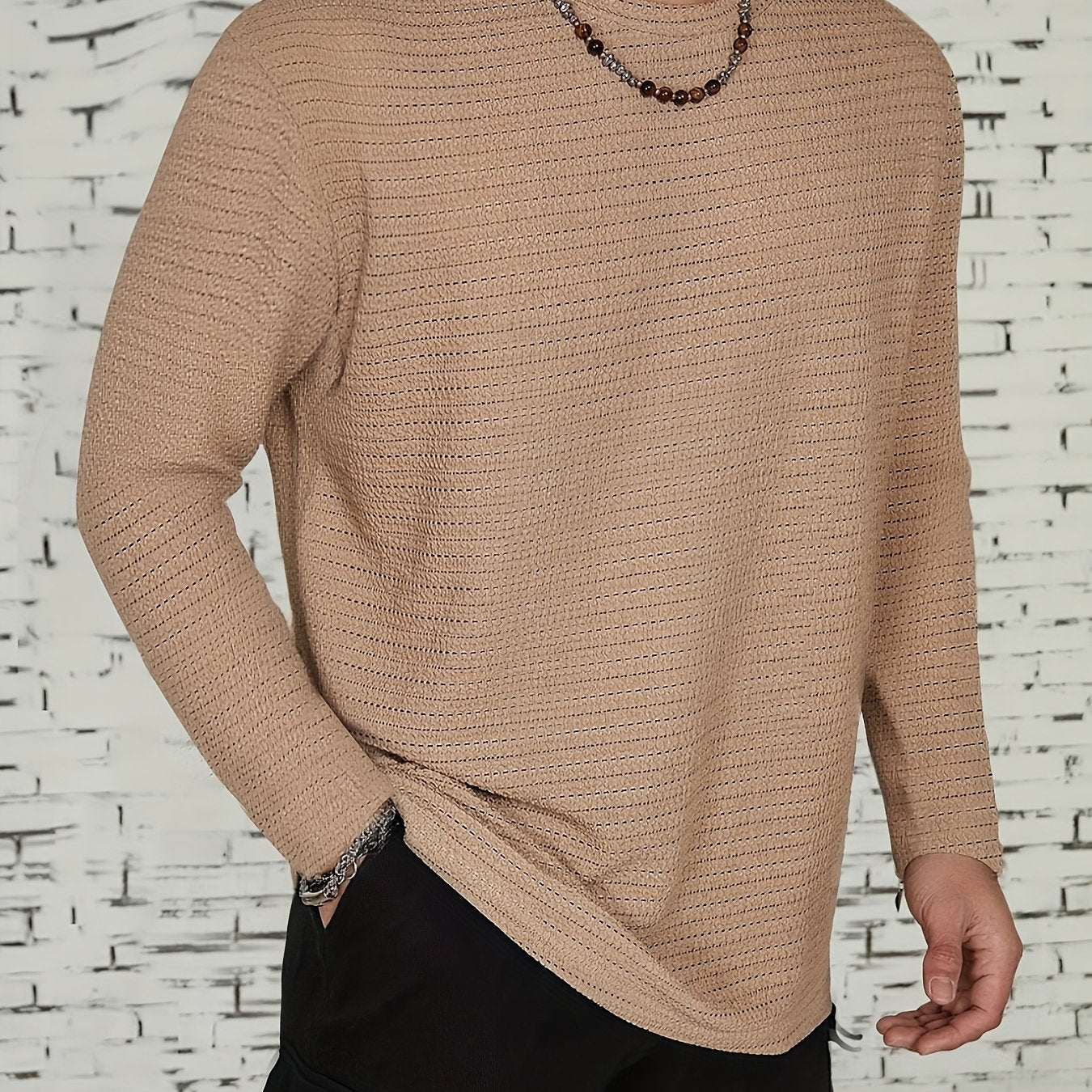 Men's Long-Sleeve T-Shirt - Solid Color Round Neck Casual Shirt, Breathable & Light Beige-Friendly, Spring\Autumn Layering Essential, Versatile for Dress Codes (Office to Smart-Casual), Machine Washable Regular Fit in Neutral Tones