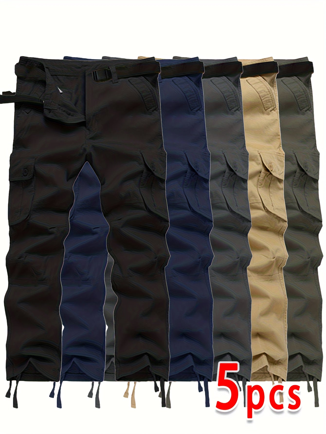 Five-Pack Men's Cargo Pants for Spring\Autumn, Multi-Pocket Solid Color Casual Straight-Leg Sports Outdoor Hiking Pants with Large Capacity Pockets, Loose Work Pants