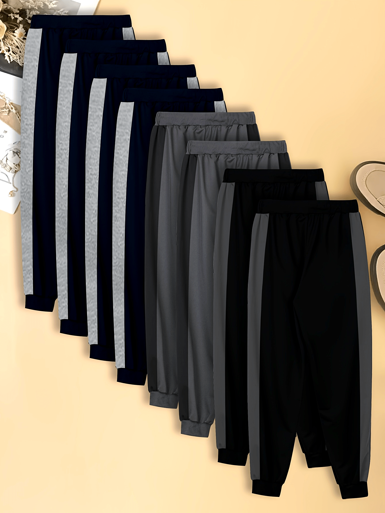 Men's Casual Jogger Pants, Loose-Fit Straight-Leg Trousers with Elastic Waist & Drawstring, Gym Lounge Casual Attire, 8 pcs Set, Multi-Color Options (Black Navy Dark Grey Brown), Machine Washable Bulk Pack