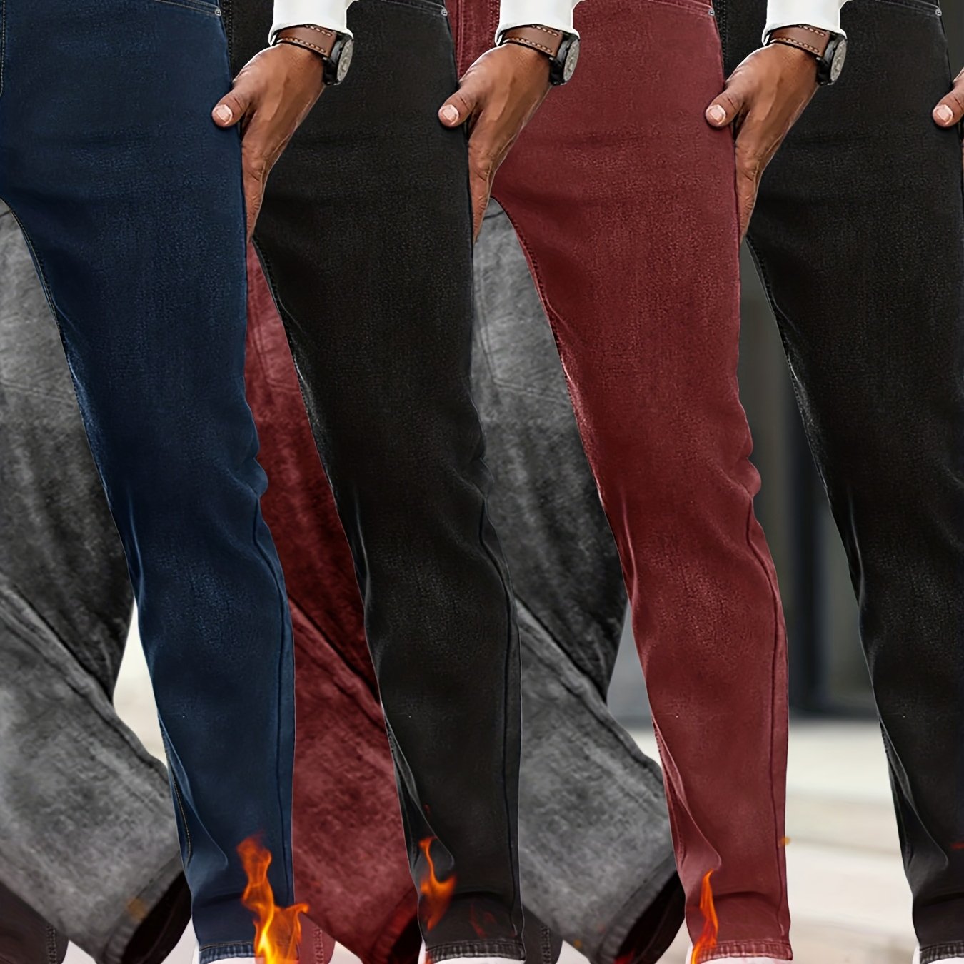 4pcs Men's Slim-Fit Fleece-Lined Jeans - Heavy-Duty Winter Pants with Stretch, Blue Washed & Classic 5-Pocket (No Bulk) - Warm Streetwear Trousers for Cold Weather (Hand Wash\u002FDry Clean) - Multi-Season Layering Essential