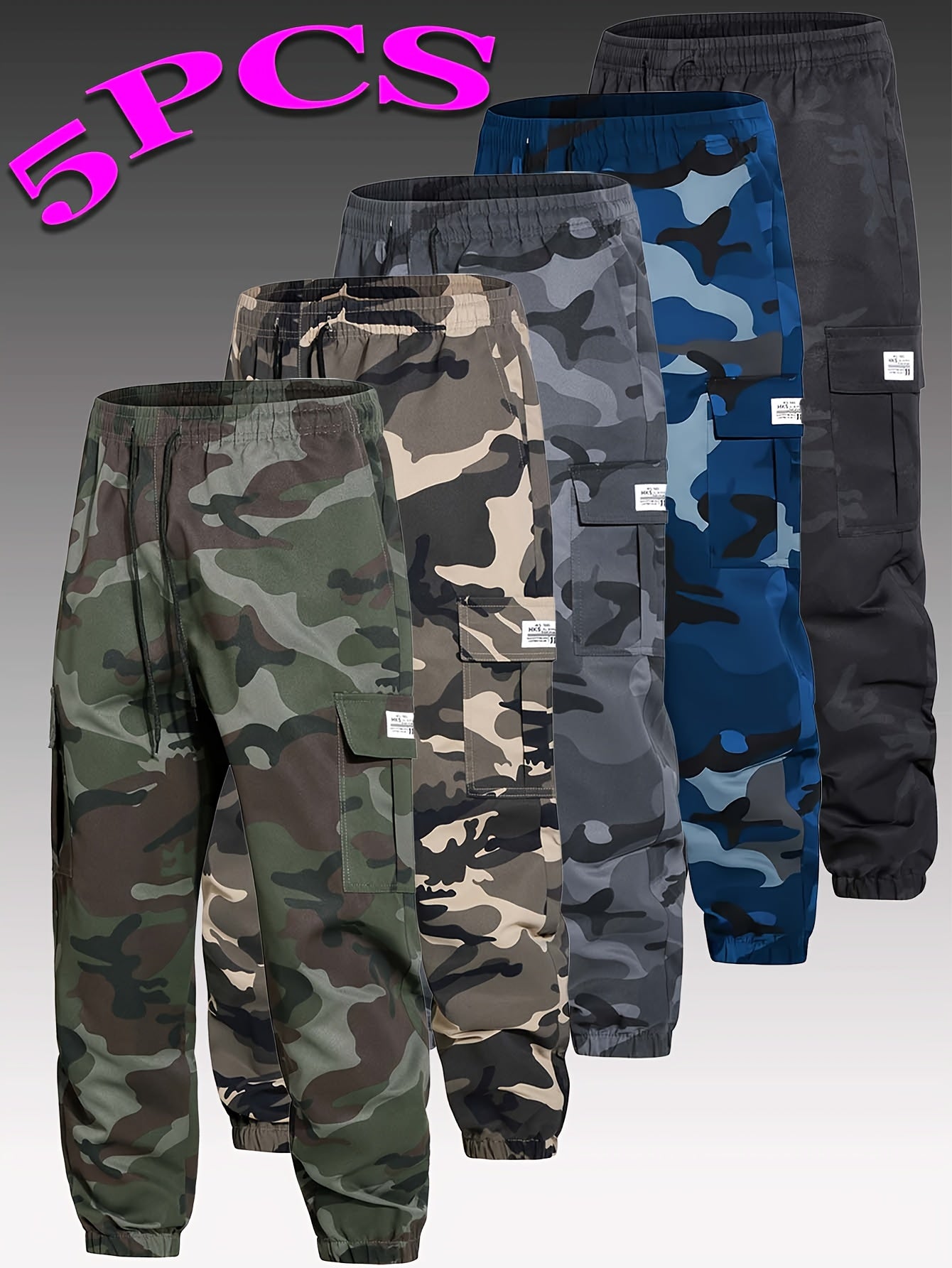 Five Pairs of Men's Sportswear Trousers - Multi-Functional Pockets - Suitable for All Seasons - Camouflage Pattern - Suitable for Work - Outdoor Activities - Mountain Climbing - Jogging (Black, Gray, Khaki, Lake Blue, Military Green)