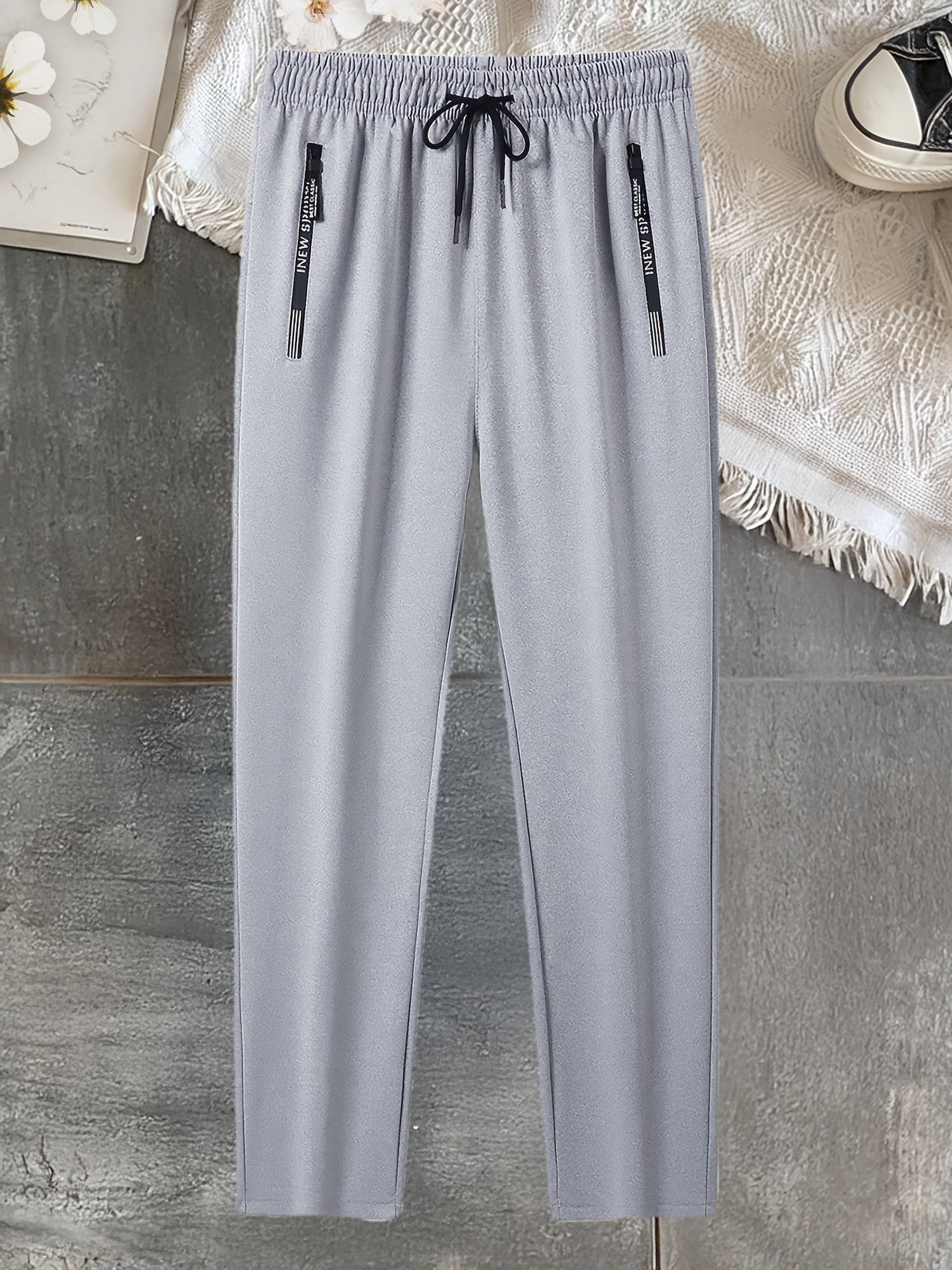 1pc Men'S Athletic Pants - Breathable Running & Fitness Long Trousers with Zipper Pockets, Gray, Adjustable Waistband, Polyester Fabric, Perfect for Outdoor Sports & Casual Wear, Casual Wear Pants|Trendy Sports Pants|Zippered Pants