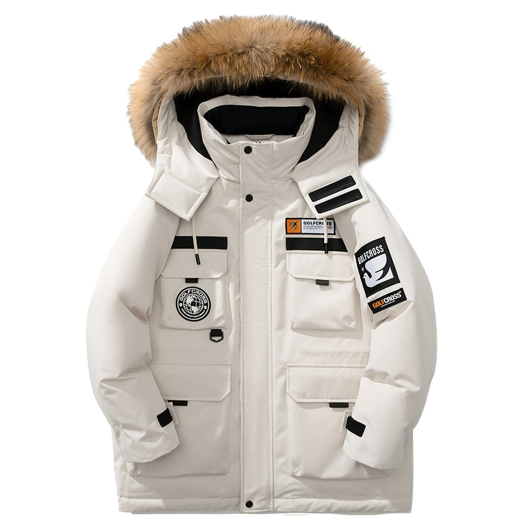 Men'S Casual Hooded Down Jacket, Polyester Shell with 90% White Duck Down Filling, Loose Fit, Non-Stretch Woven Fabric, with Detachable Fleece Lining, Multiple Pockets, Zippered Placket, Alphabet Pattern, for Daily Wear, Thick