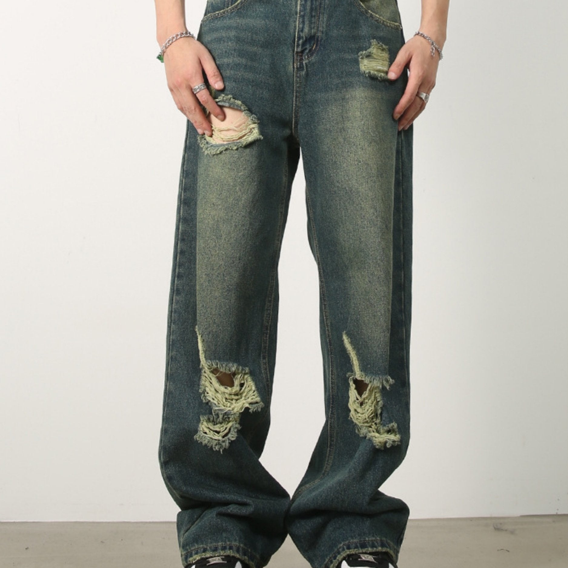 Men's Denim New Design Sense Street Dance Hip-hop Skateboard Hole Straight Leg Jeans Frosted Wide Leg Loose Casual Denim Pants