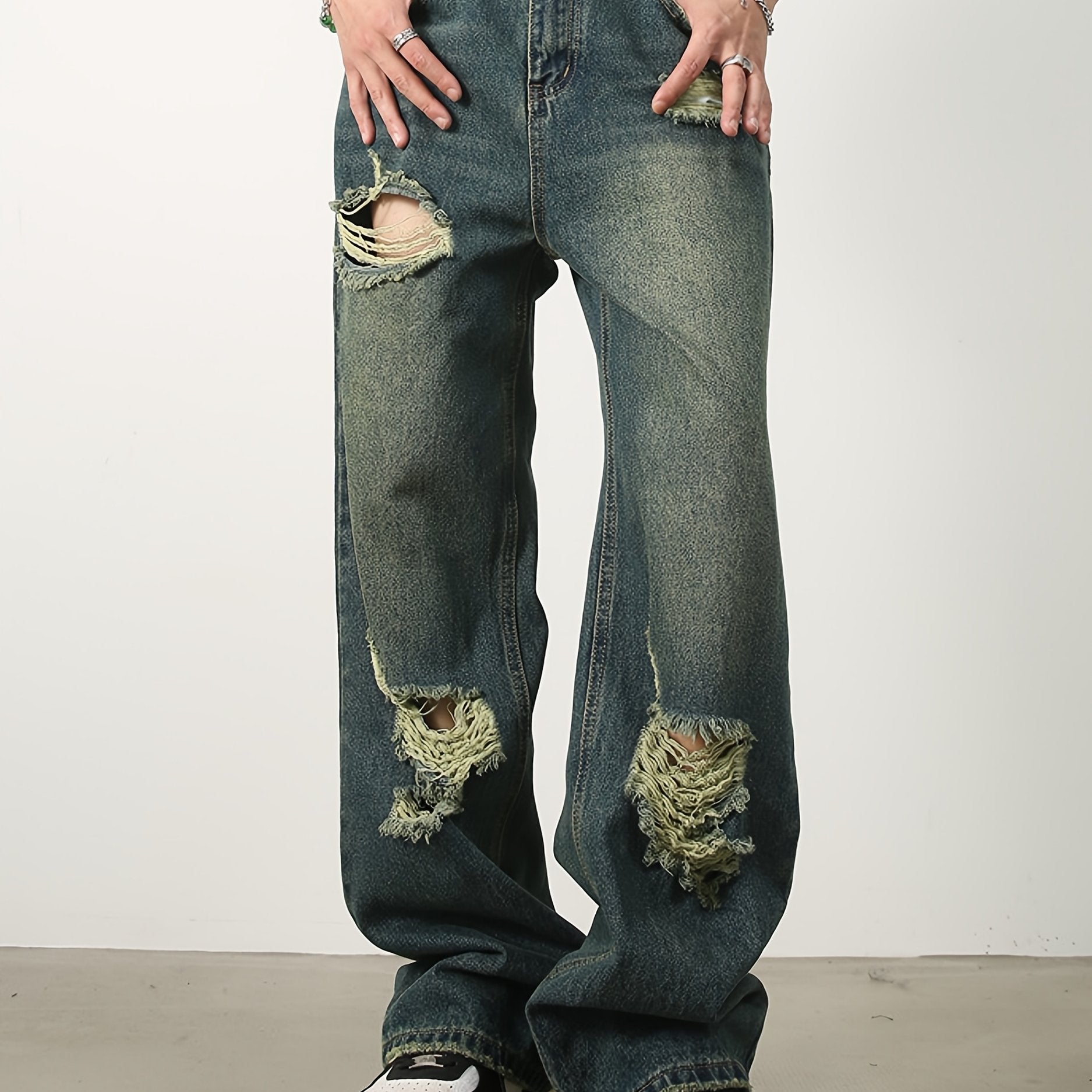 Men'S Fashion Design Sense Hole Straight Jeans Sanded Wide Leg Loose Casual Pants Walking Cycling Pants.