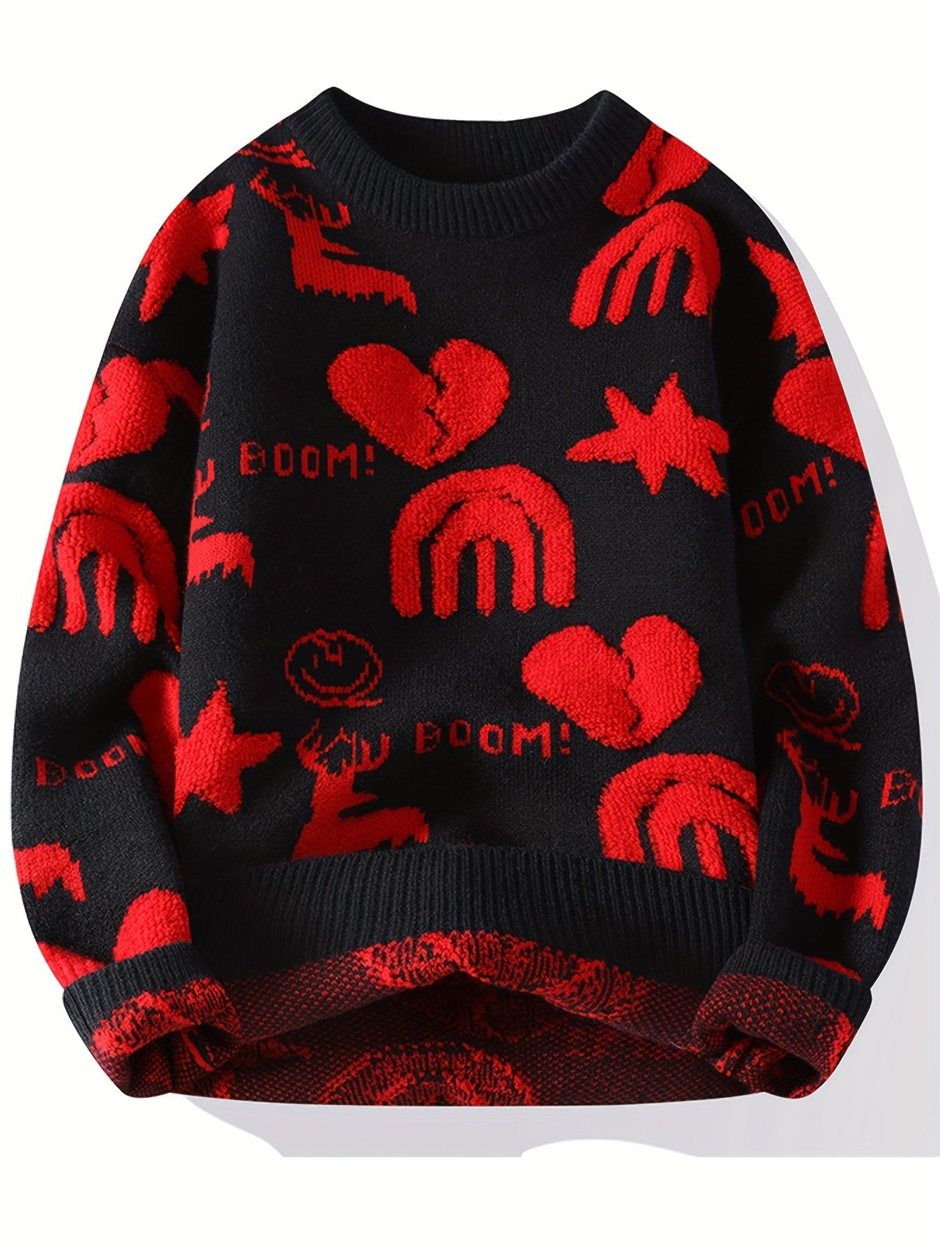 Genghis Men's Casual Winter Sweater - Thick Warm Black & Red Floral Print with Hearts, Stars & BOOM! Text, Loose Fit Round Neck, High Elasticity Machine-Washable for Autumn\u002FWinter, Cozy Sweater, Trendy Outfit, Nontransparent Material