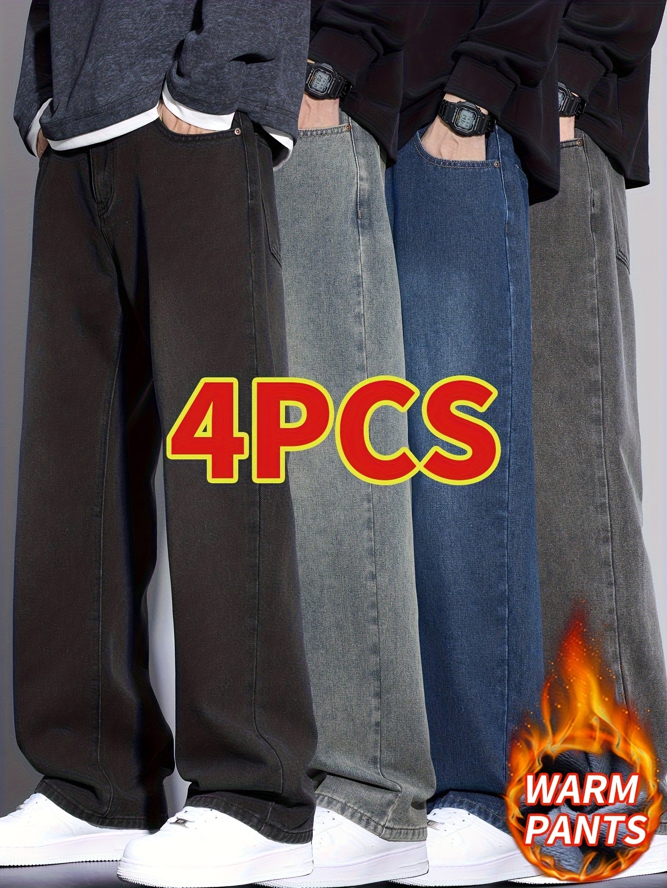4pcs Winter Fleece Men'S Jeans, Loose Straight Leg Pants, 2025 Autumn\u002Fwinter Collection, Thick And Warm Pants For Men