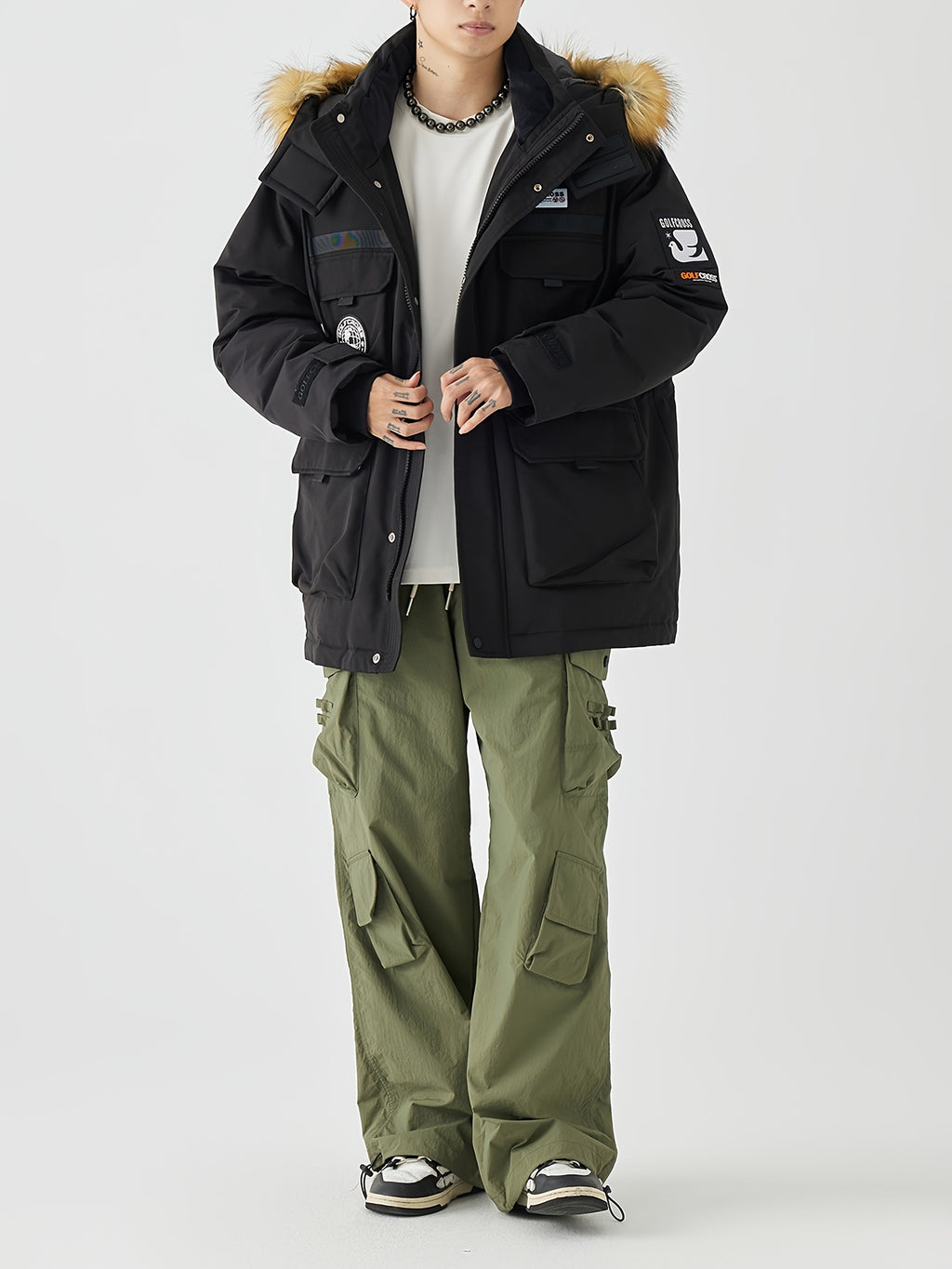 Men'S Casual Hooded Down Jacket, Polyester Shell with 90% White Duck Down Filling, Loose Fit, Non-Stretch Woven Fabric, with Detachable Fleece Lining, Multiple Pockets, Zippered Placket, Alphabet Pattern, for Daily Wear, Thick