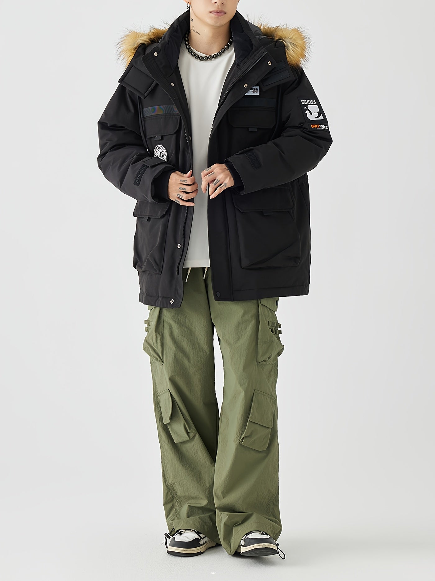 Men'S Casual Hooded Down Jacket, Polyester Shell with 90% White Duck Down Filling, Loose Fit, Non-Stretch Woven Fabric, with Detachable Fleece Lining, Multiple Pockets, Zippered Placket, Alphabet Pattern, for Daily Wear, Thick