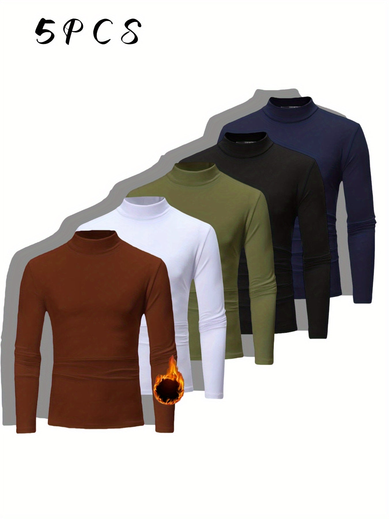Men's 5pcs set of imitation high-collared shirt warm underwear - slim fit long sleeves, elastic fabric, suitable for autumn and winter