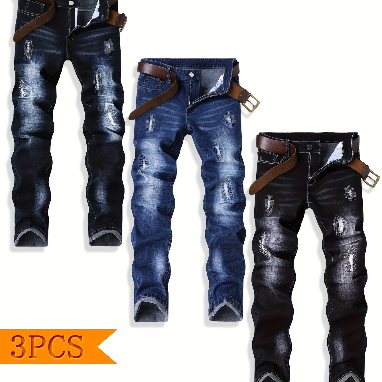 3pcs Men'S Slim-Fit Stretch Denim Jeans with Distressed Knee Rips & Embroidery - Casual All-Season Skinny Pants for Casual Attire, Allseason Jeans | Embroidered Denim | Stretch Denim Fabric