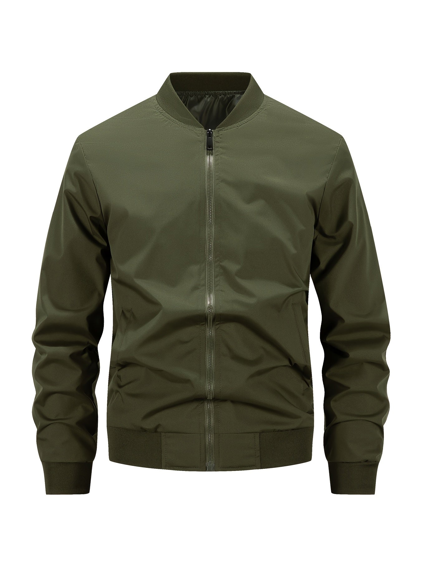 Casual Bomber Jacket Black Polyester Men's Bomber Jacket | Casual Zip-Up Baseball Collar, Long Sleeve, Sports & Casual Wear, Casual Outerwear