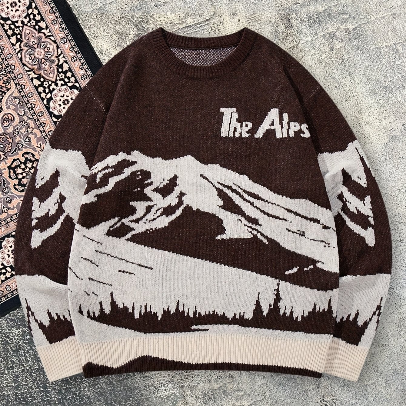 Winter Warm Sweater - Oversized Brown\Mountain Print Pullover with The Alps Lettering, Long Sleeve Round Neck Casual Coat for Skiing &, Hand Washable Loose Fit Sweater Jacket