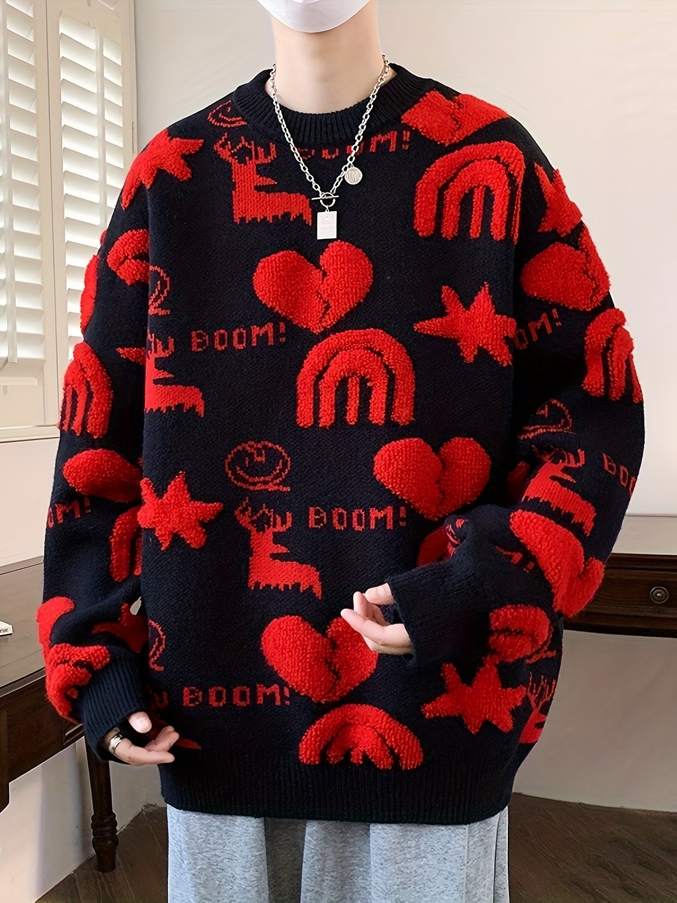 Genghis Men's Casual Winter Sweater - Thick Warm Black & Red Floral Print with Hearts, Stars & BOOM! Text, Loose Fit Round Neck, High Elasticity Machine-Washable for Autumn\u002FWinter, Cozy Sweater, Trendy Outfit, Nontransparent Material