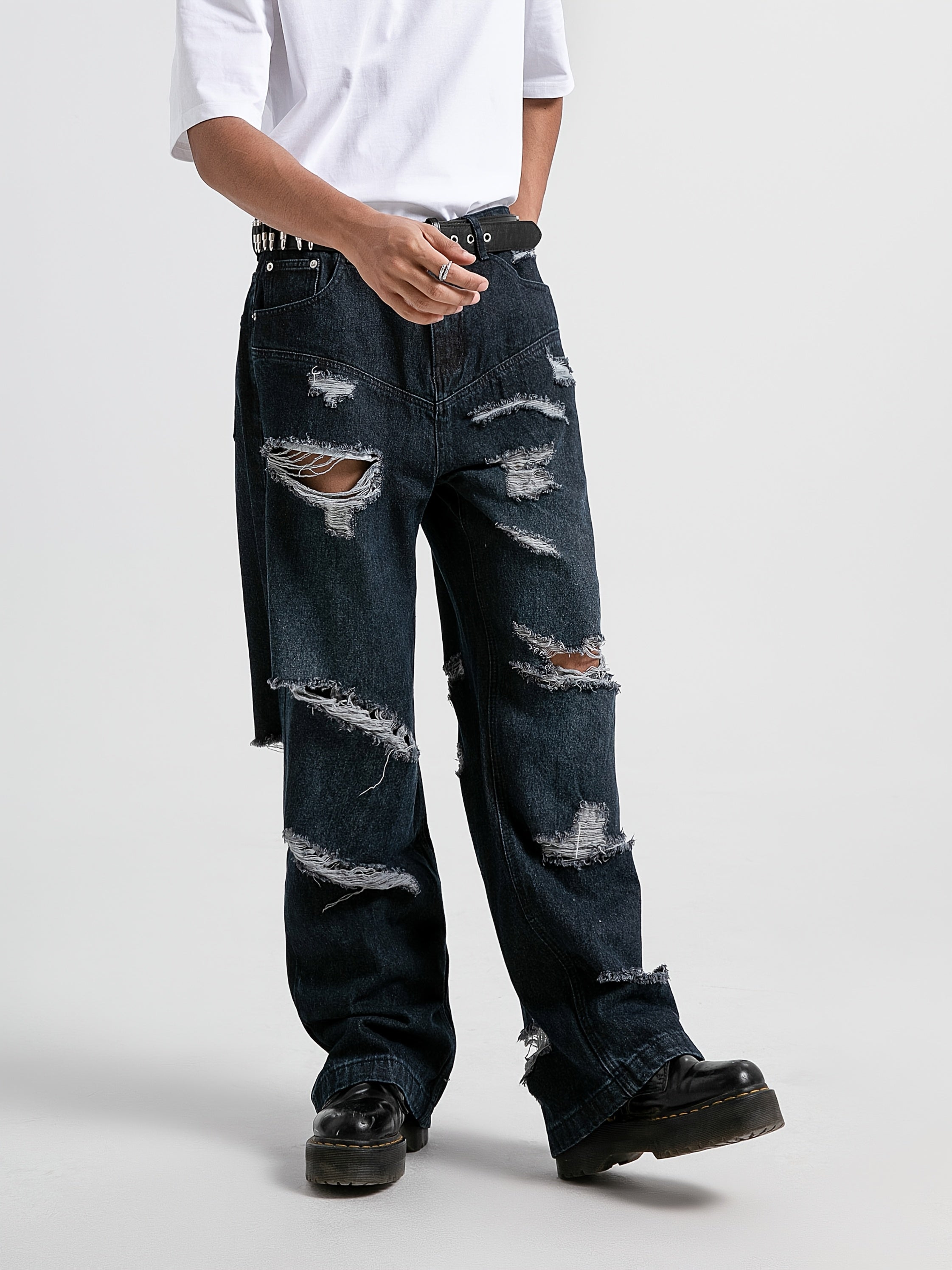 Men'S Casual Ripped Straight Jeans - Fringed Design, Hip-hop Street Style, Ripped Floor-length Wide-leg Pants Suitable For Rap, Street Dance And Skateboarding