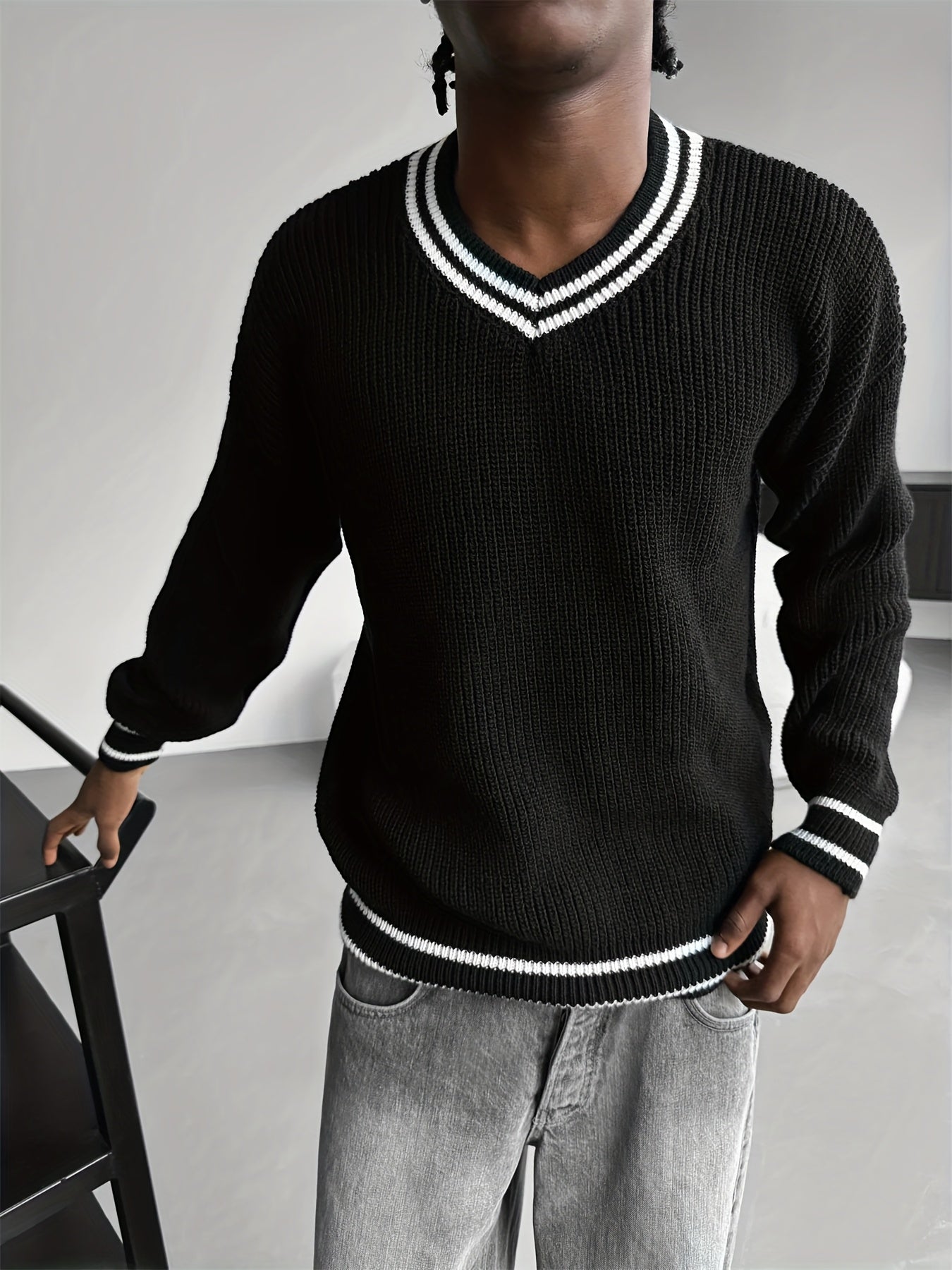Men's Black & White V-Neck Sweater - Winter Warm Knit Sweater Jacket with Contrast Collar &, Casual Office School Commute Wear, Long Sleeve Button-Up Coat (No) for Fall\u002FWinter Layering