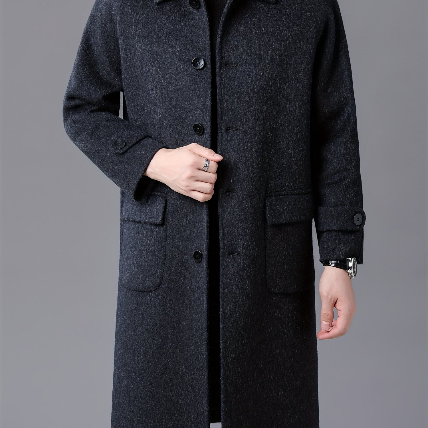 Men's Wool Jacket and Coat, Autumn and Winter Over-the-Knee Double-Breasted Tweed Coat, Single Button Stand Collar, Casual Elegant Style, Perfect Birthday Gift for Men