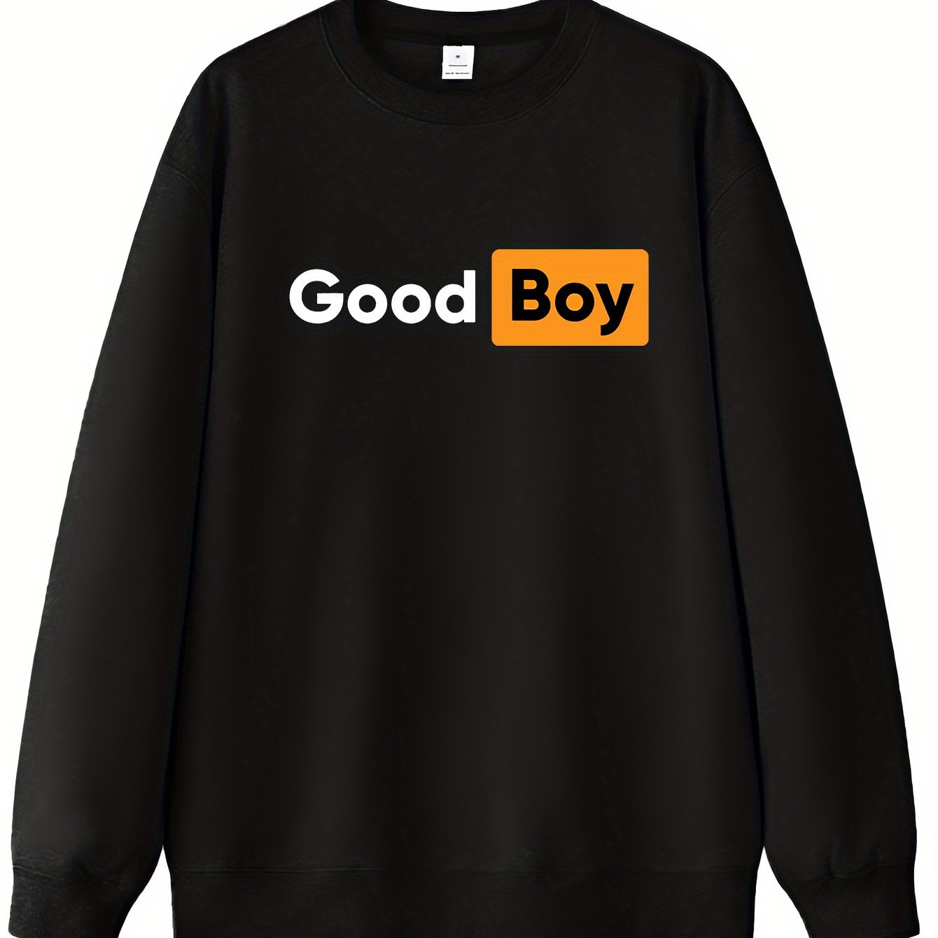 Men's Good Boy Print Sweatshirt - Black with Orange Lettering, Soft Pullover Sweater, Casual Crewneck Sweaters for Daily Wear, Durable & Machine Washable, Year-Round Comfort Fit
