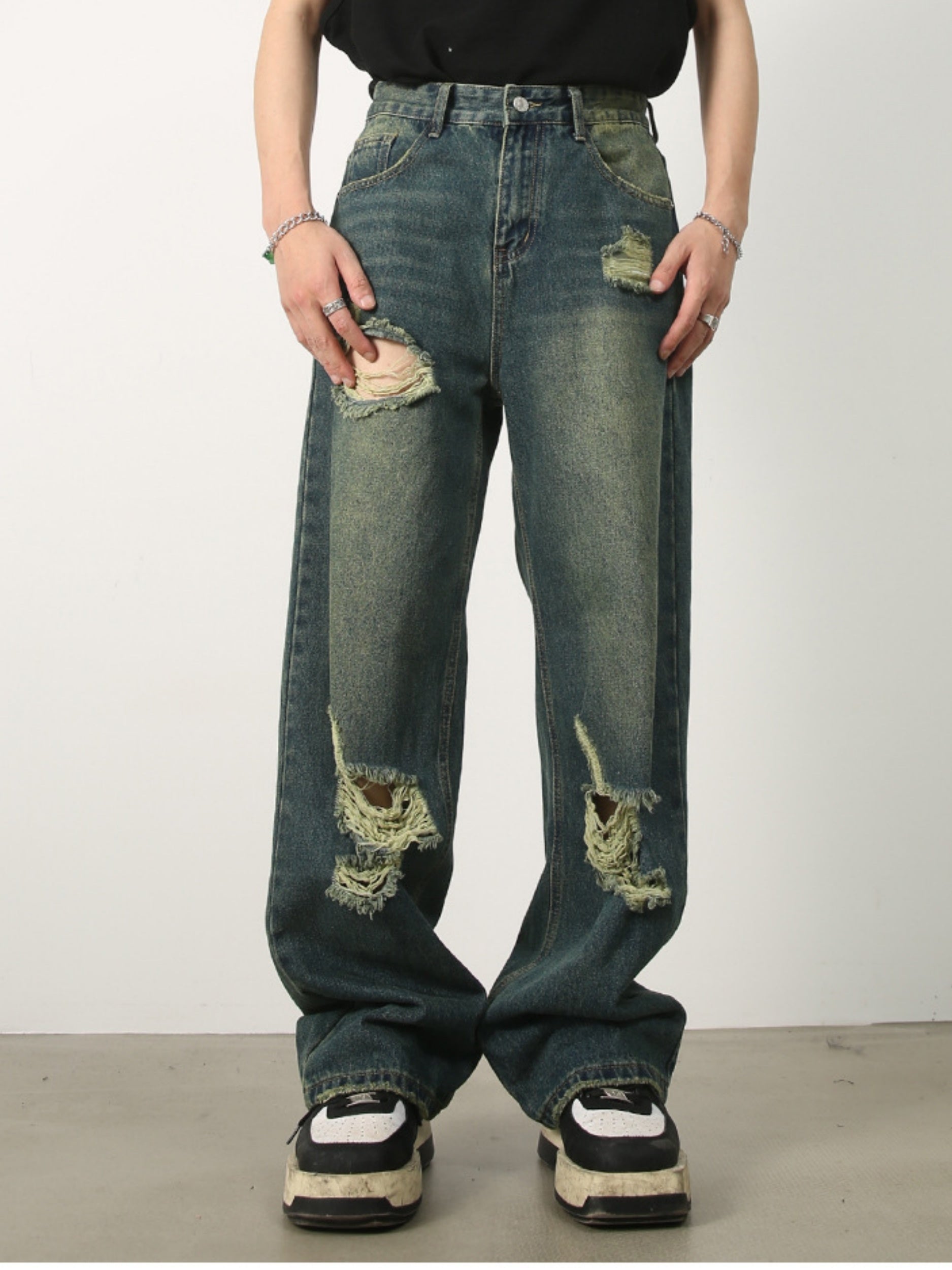 Men's Denim New Design Sense Street Dance Hip-hop Skateboard Hole Straight Leg Jeans Frosted Wide Leg Loose Casual Denim Pants