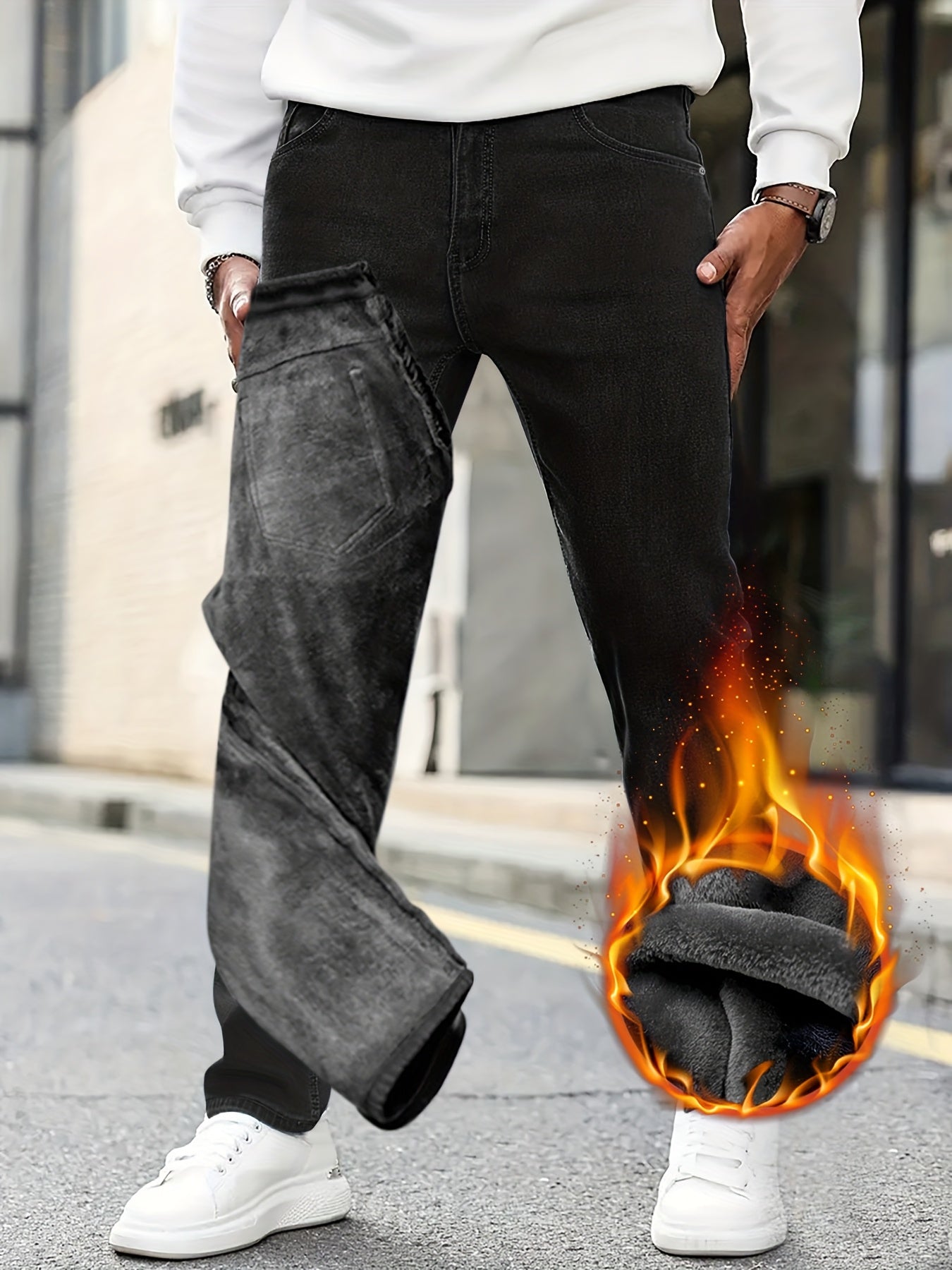 4pcs Men's Slim-Fit Fleece-Lined Jeans - Heavy-Duty Winter Pants with Stretch, Blue Washed & Classic 5-Pocket (No Bulk) - Warm Streetwear Trousers for Cold Weather (Hand Wash\u002FDry Clean) - Multi-Season Layering Essential