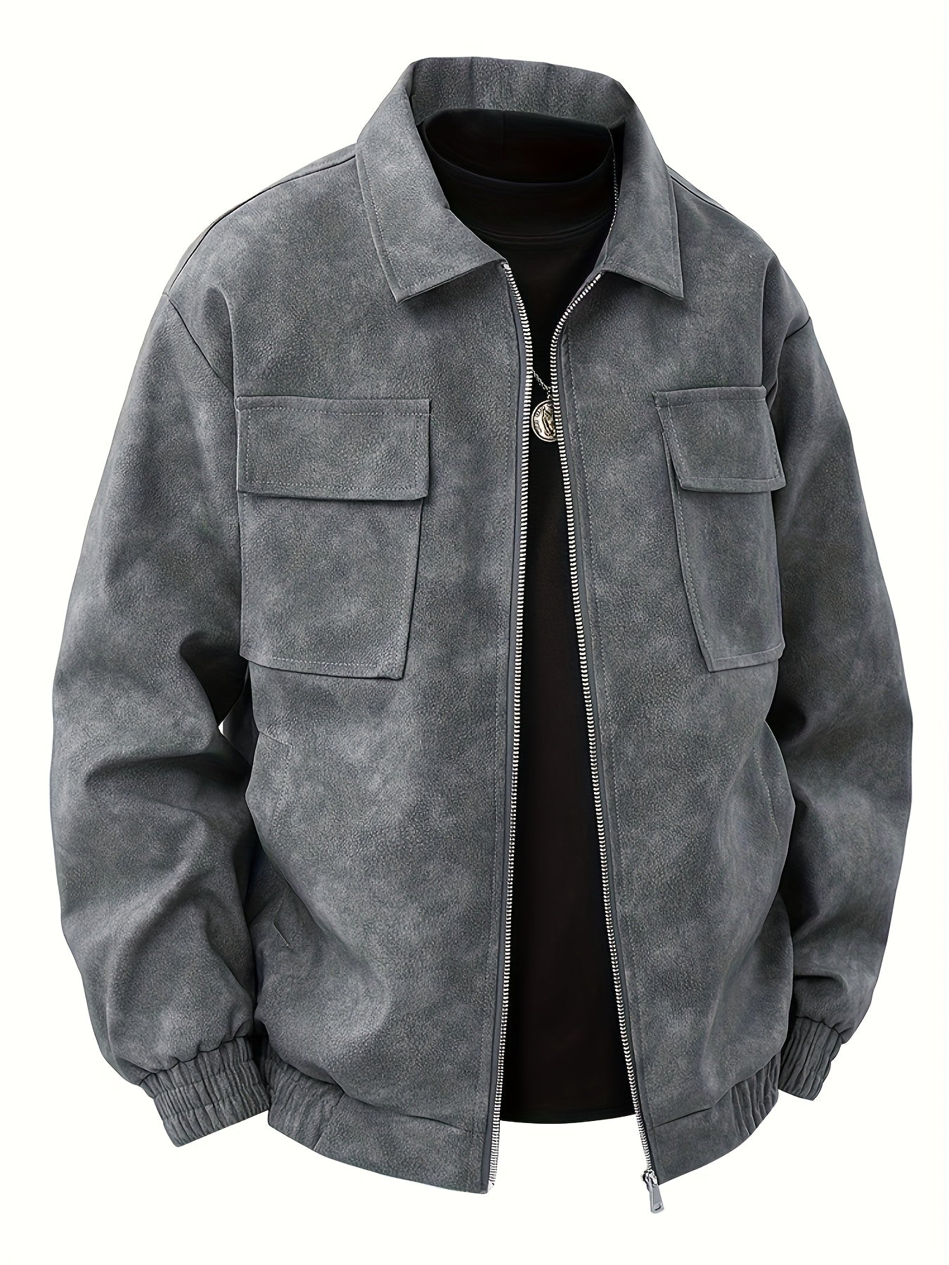 Men'S Large Size Windproof Faux Leather Bomber Jacket - Full-Zip Casual Coat with Stand Collar, Zippered Pockets & Lining, Brown\u002F Color Block Design, Golden-Tone Hardware - Spring\u002FFall Outerwear for Everyday & Semi-Formal Wear (Regular Fit