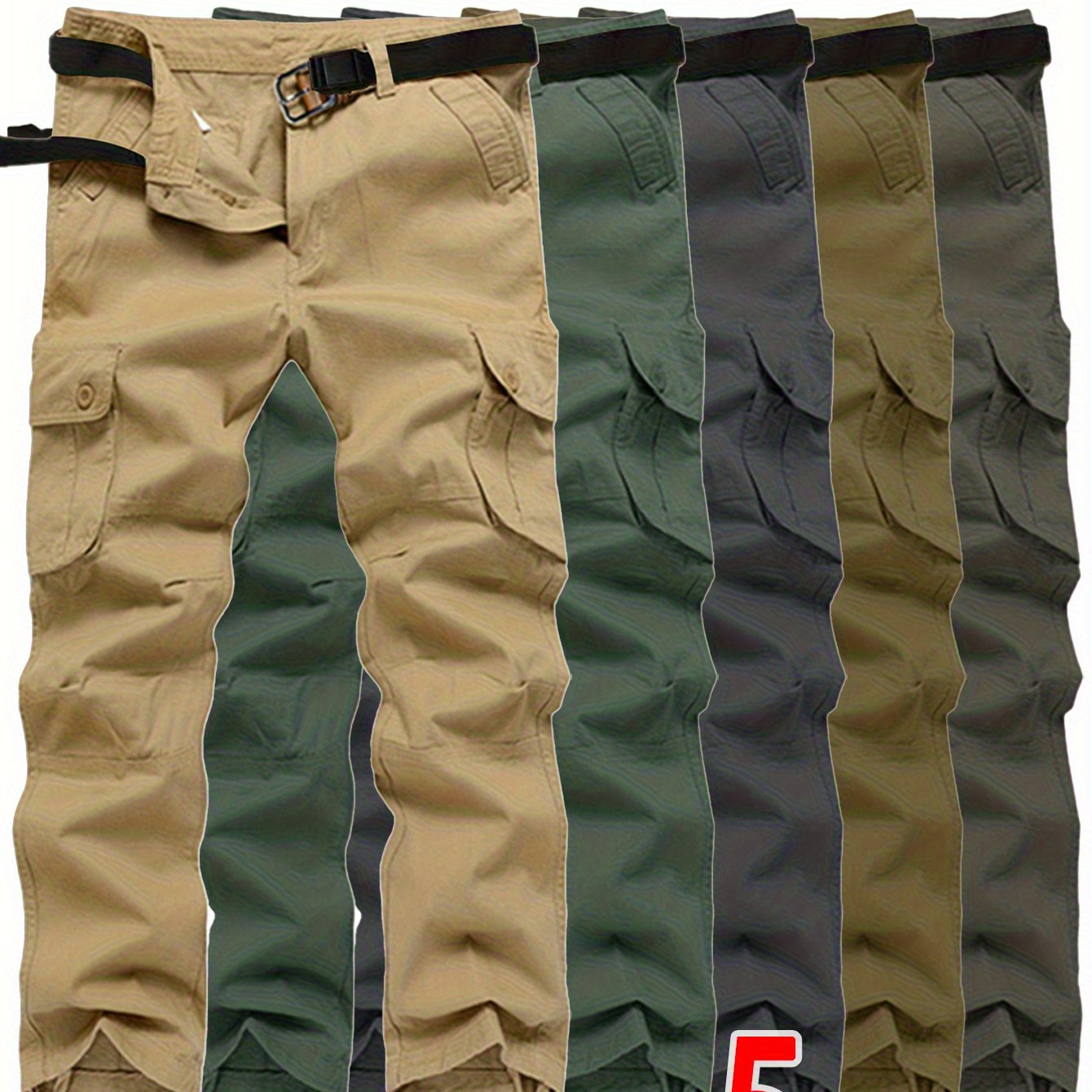 Five-Pack Men's Cargo Pants for Spring\Autumn, Multi-Pocket Solid Color Casual Straight-Leg Sports Outdoor Hiking Pants with Large Capacity Pockets, Loose Work Pants