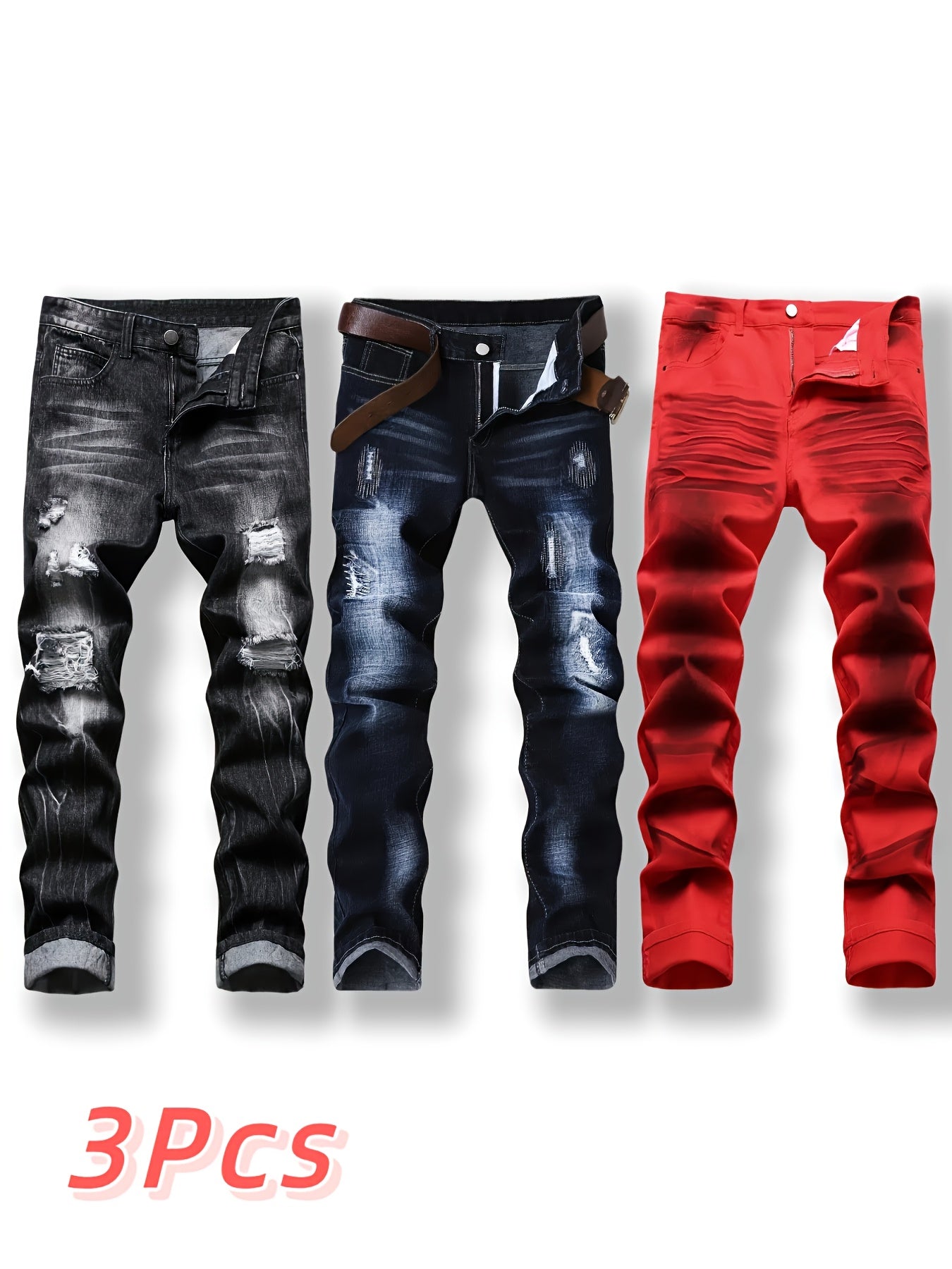 3pcs Men'S Slim-Fit Ripped Faux Denim - Stretch Faux Denim Street Style, Dark Blue, All-Season Comfort, Mid-Rise with Zipper Fly, Regular Fit for Casual Attire, Comfortable Fashion, Trendy Streetwear, Durable Fabric