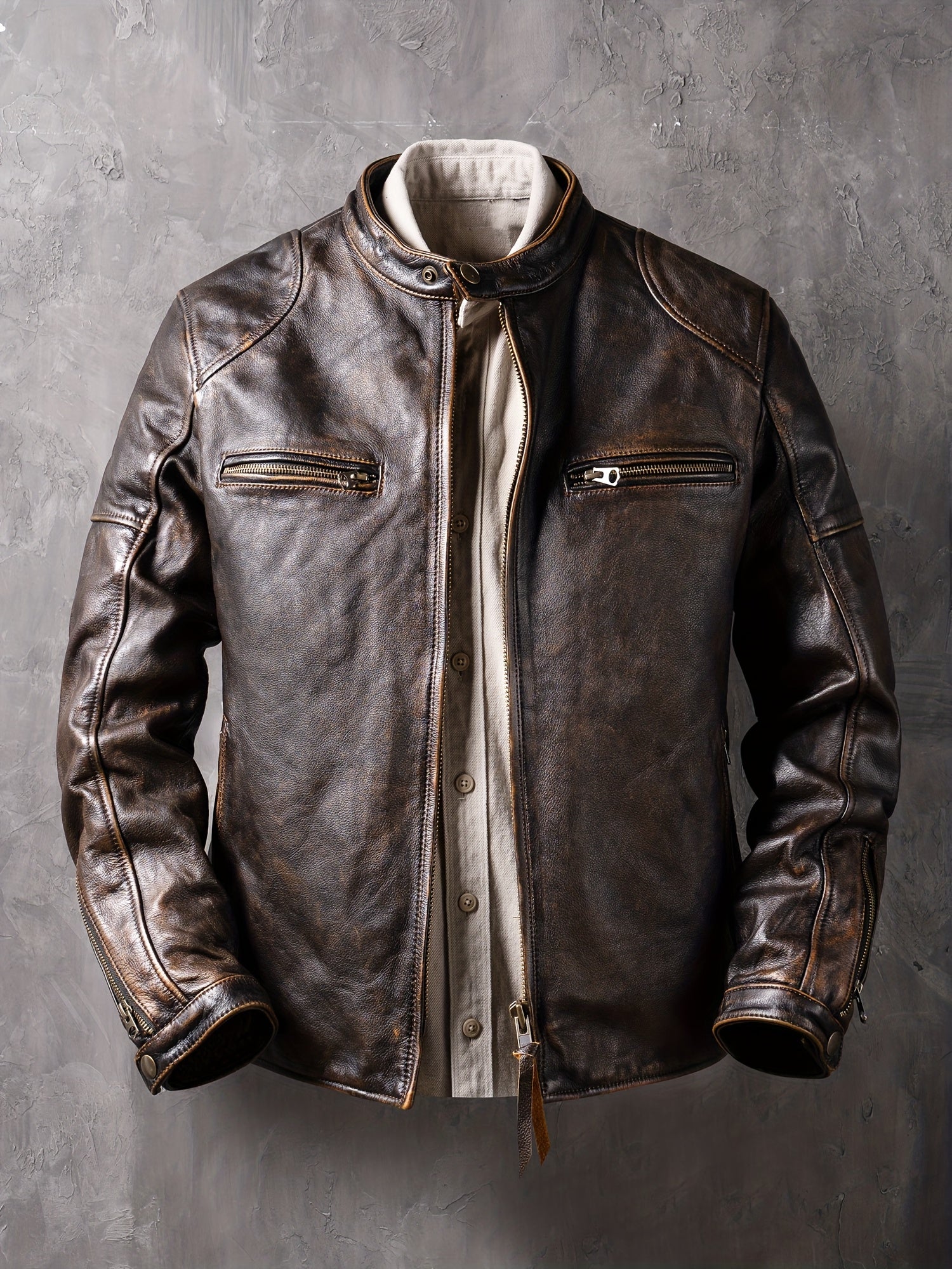 Men'S Vintage Style Jacket with Stand Collar, Zipper Closure, and Functional Pockets - Slim Fit, Long Sleeve, Casual Workwear Jacket in Brown