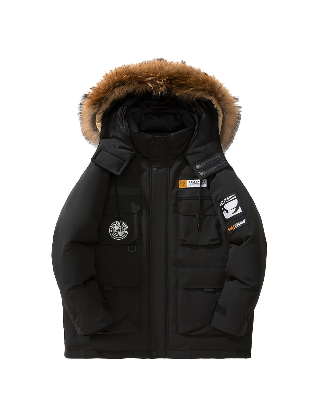 Men'S Casual Hooded Down Jacket, Polyester Shell with 90% White Duck Down Filling, Loose Fit, Non-Stretch Woven Fabric, with Detachable Fleece Lining, Multiple Pockets, Zippered Placket, Alphabet Pattern, for Daily Wear, Thick