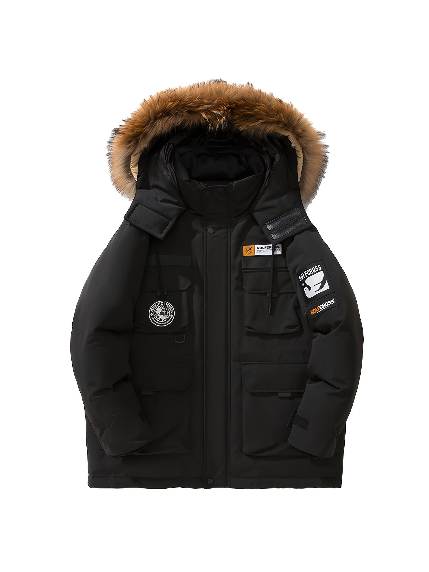 Men'S Casual Hooded Down Jacket, Polyester Shell with 90% White Duck Down Filling, Loose Fit, Non-Stretch Woven Fabric, with Detachable Fleece Lining, Multiple Pockets, Zippered Placket, Alphabet Pattern, for Daily Wear, Thick