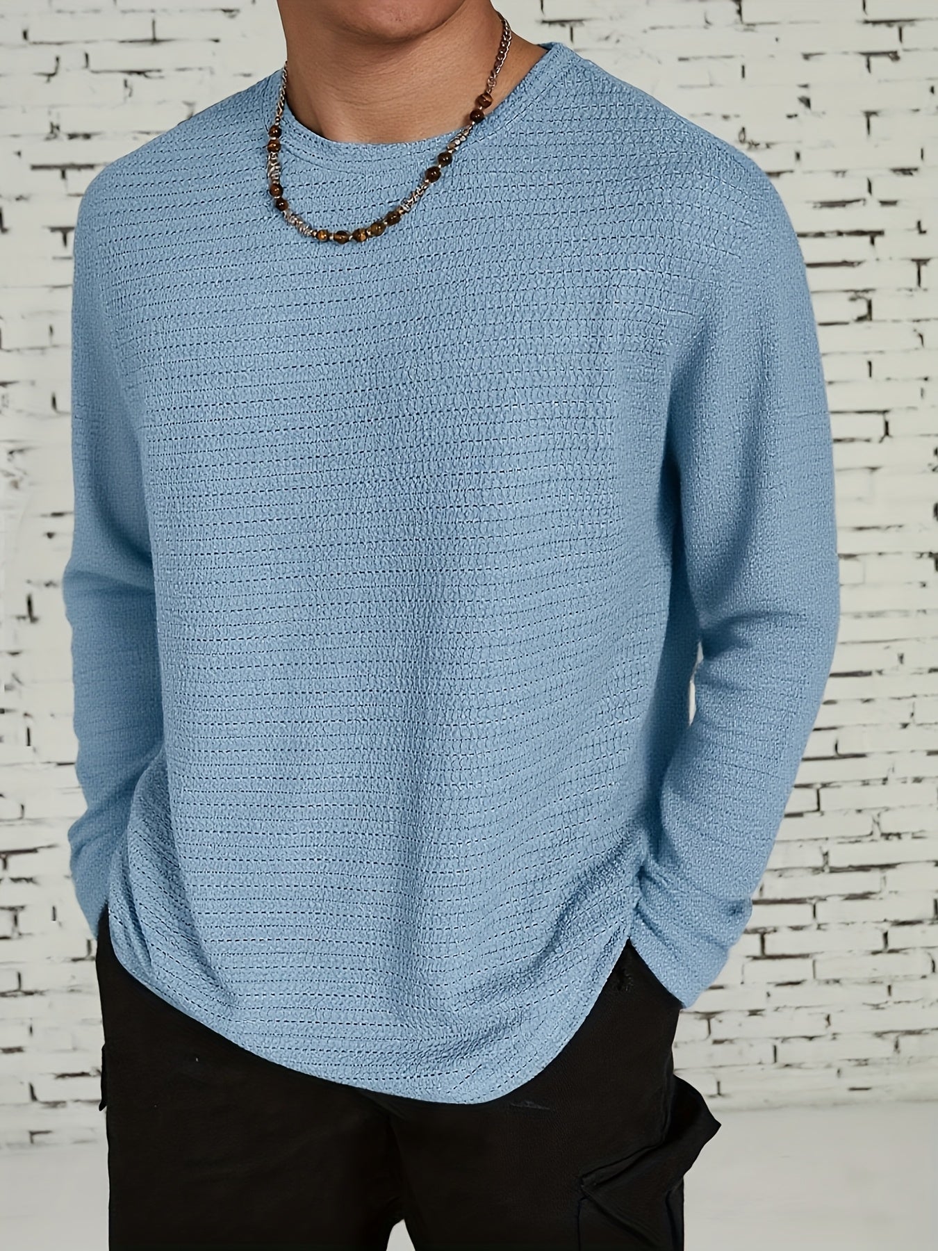 Men's Long-Sleeve T-Shirt - Solid Color Round Neck Casual Shirt, Breathable & Light Beige-Friendly, Spring\Autumn Layering Essential, Versatile for Dress Codes (Office to Smart-Casual), Machine Washable Regular Fit in Neutral Tones