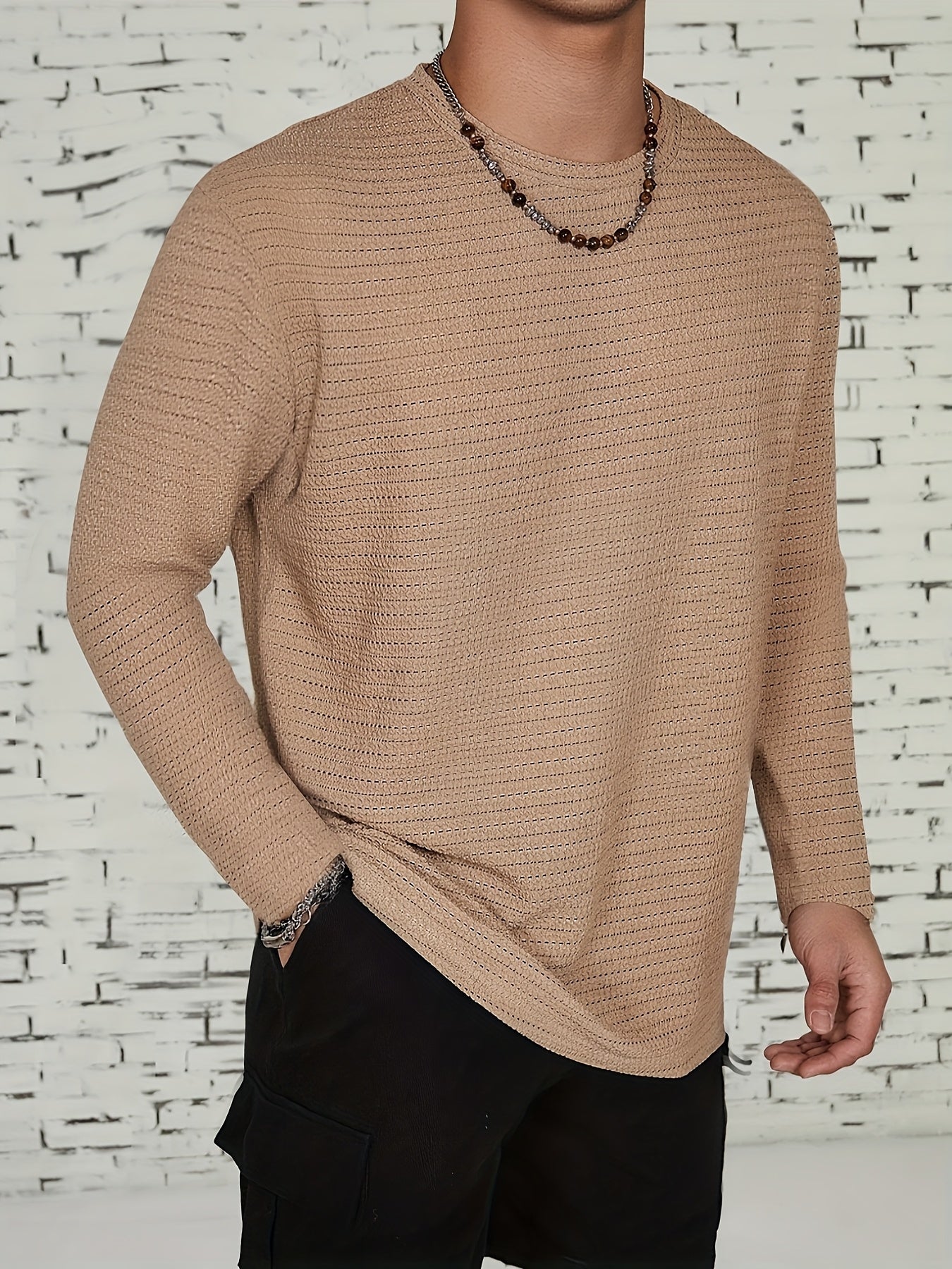 Men's Long-Sleeve T-Shirt - Solid Color Round Neck Casual Shirt, Breathable & Light Beige-Friendly, Spring\Autumn Layering Essential, Versatile for Dress Codes (Office to Smart-Casual), Machine Washable Regular Fit in Neutral Tones