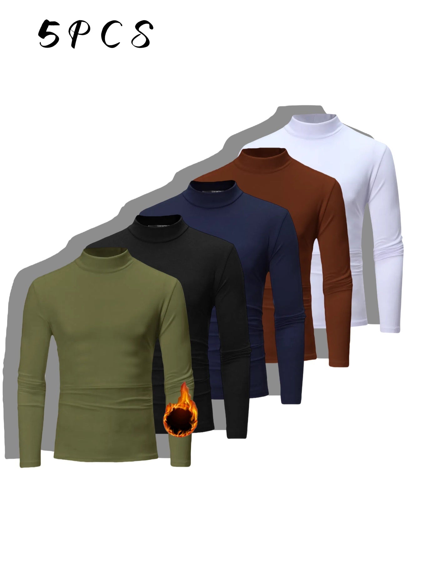 Men's 5pcs set of imitation high-collared shirt warm underwear - slim fit long sleeves, elastic fabric, suitable for autumn and winter
