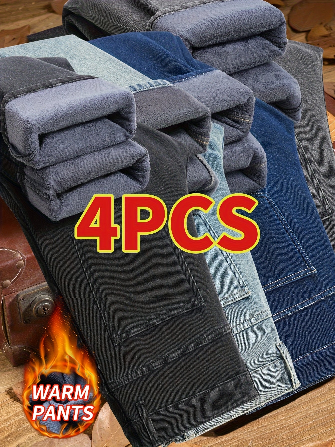 4pcs Winter Fleece Men'S Jeans, Loose Straight Leg Pants, 2025 Autumn\u002Fwinter Collection, Thick And Warm Pants For Men