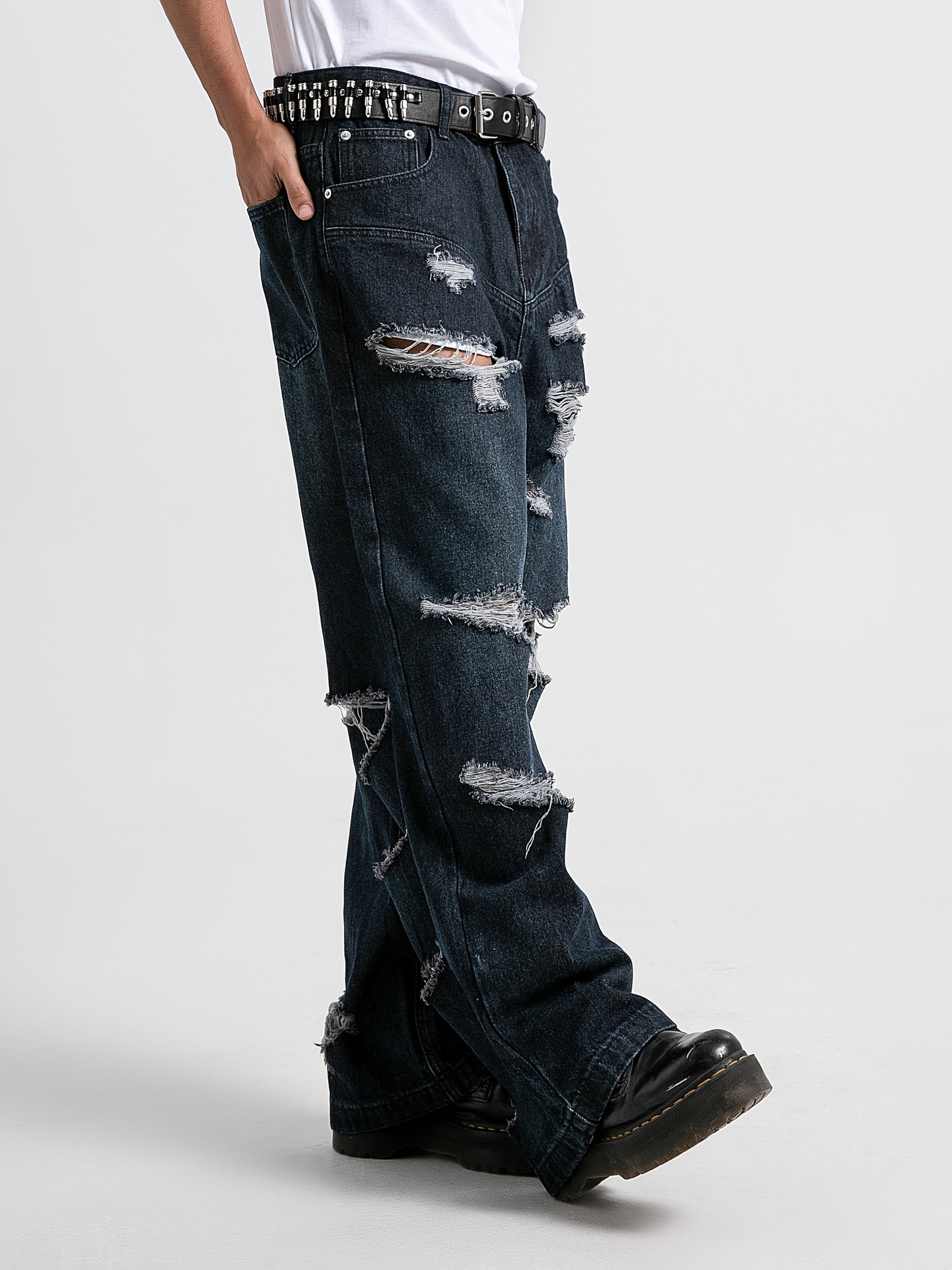 Men'S Casual Ripped Straight Jeans - Fringed Design, Hip-hop Street Style, Ripped Floor-length Wide-leg Pants Suitable For Rap, Street Dance And Skateboarding