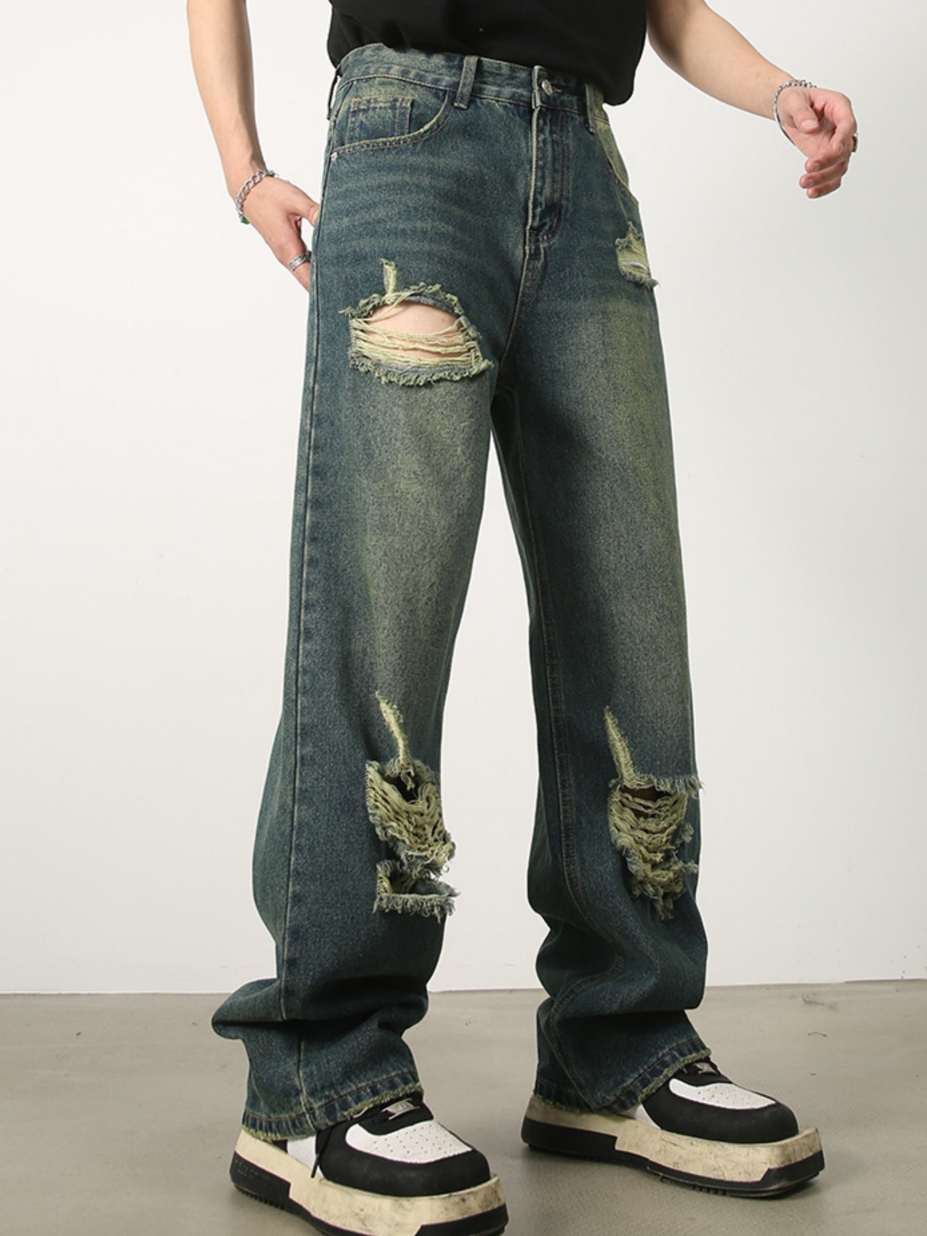 Men's Denim New Design Sense Street Dance Hip-hop Skateboard Hole Straight Leg Jeans Frosted Wide Leg Loose Casual Denim Pants