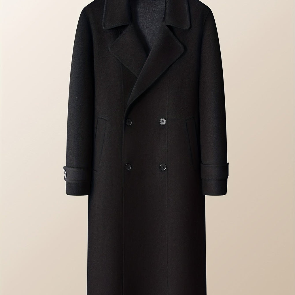 Men's Heavyweight 100% Wool Double-Breasted Coat - Winter Warm Collar & Notch Jacket, Full-Length Black Suit Outerwear for Formal\u002FCasual Events, Parties, Weddings (Dry Clean Only)