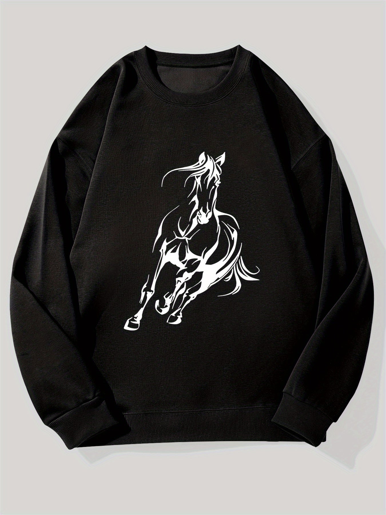 Men's Black Oversized Equestrian Sweatshirt - White Horse Rider & Galloping Horse Print Sweater, Round Neck Loose Fit Hoodie Jacket for Horseback Riding, Casual Wear, Dressage & Jumping Events, Machine Washable