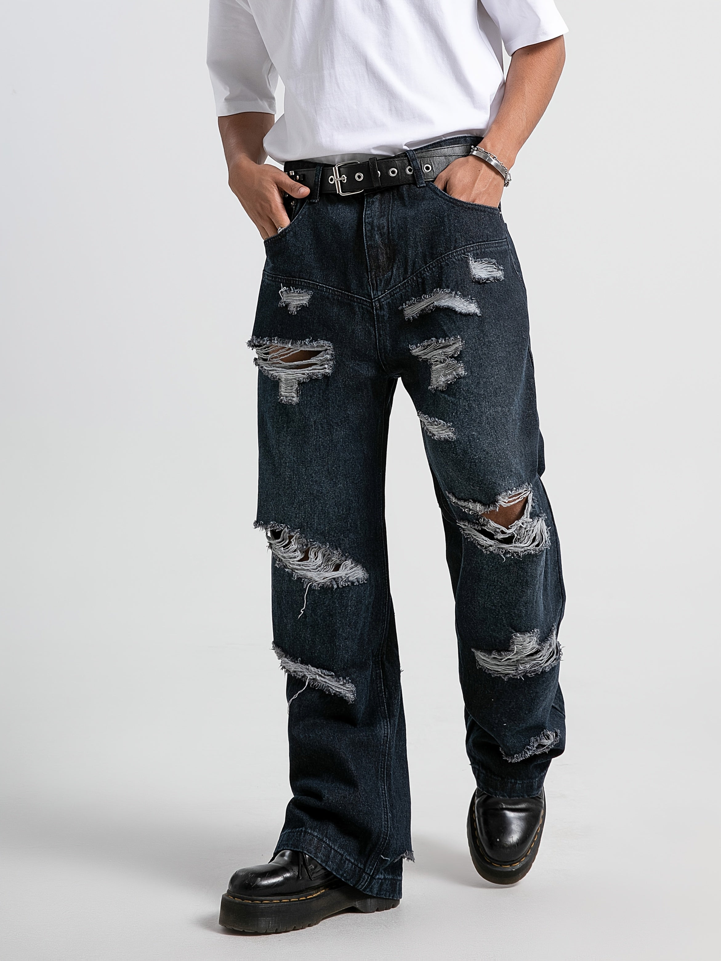 Men'S Casual Ripped Straight Jeans - Fringed Design, Hip-hop Street Style, Ripped Floor-length Wide-leg Pants Suitable For Rap, Street Dance And Skateboarding