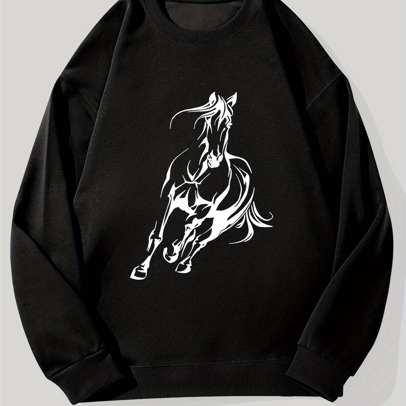 Men's Black Oversized Equestrian Sweatshirt - White Horse Rider & Galloping Horse Print Sweater, Round Neck Loose Fit Hoodie Jacket for Horseback Riding, Casual Wear, Dressage & Jumping Events, Machine Washable