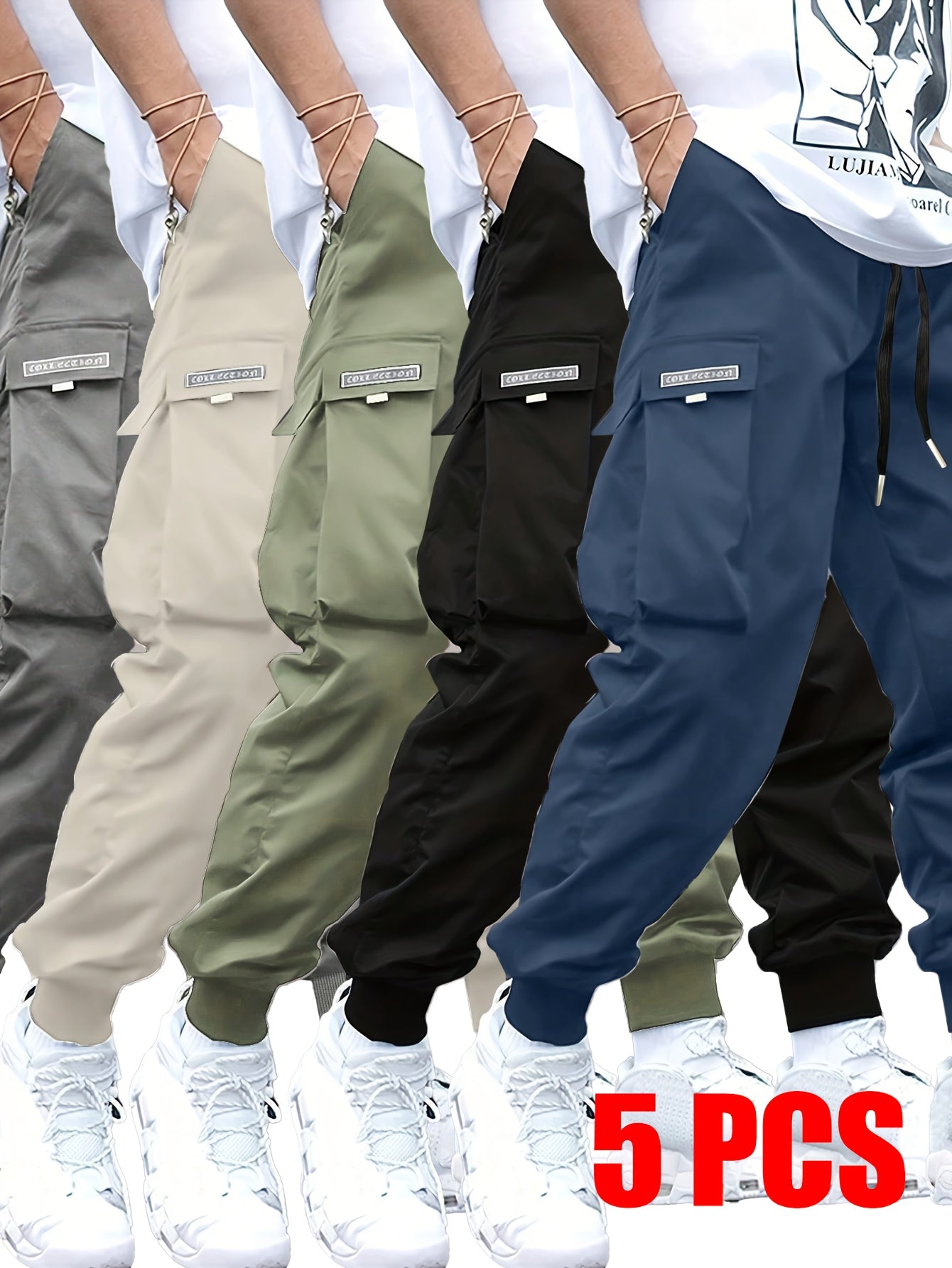 5-Pack Men's Cargo Pants with Elastic Drawstring Waist & Multiple Pockets - Durable Non-Stretch Fabric, Regular Fit All-Season Casual Outdoor Work Pants in 5 Colors (Beige\u002FGray\u002FBrown\u002FBlack\u002FNavy)