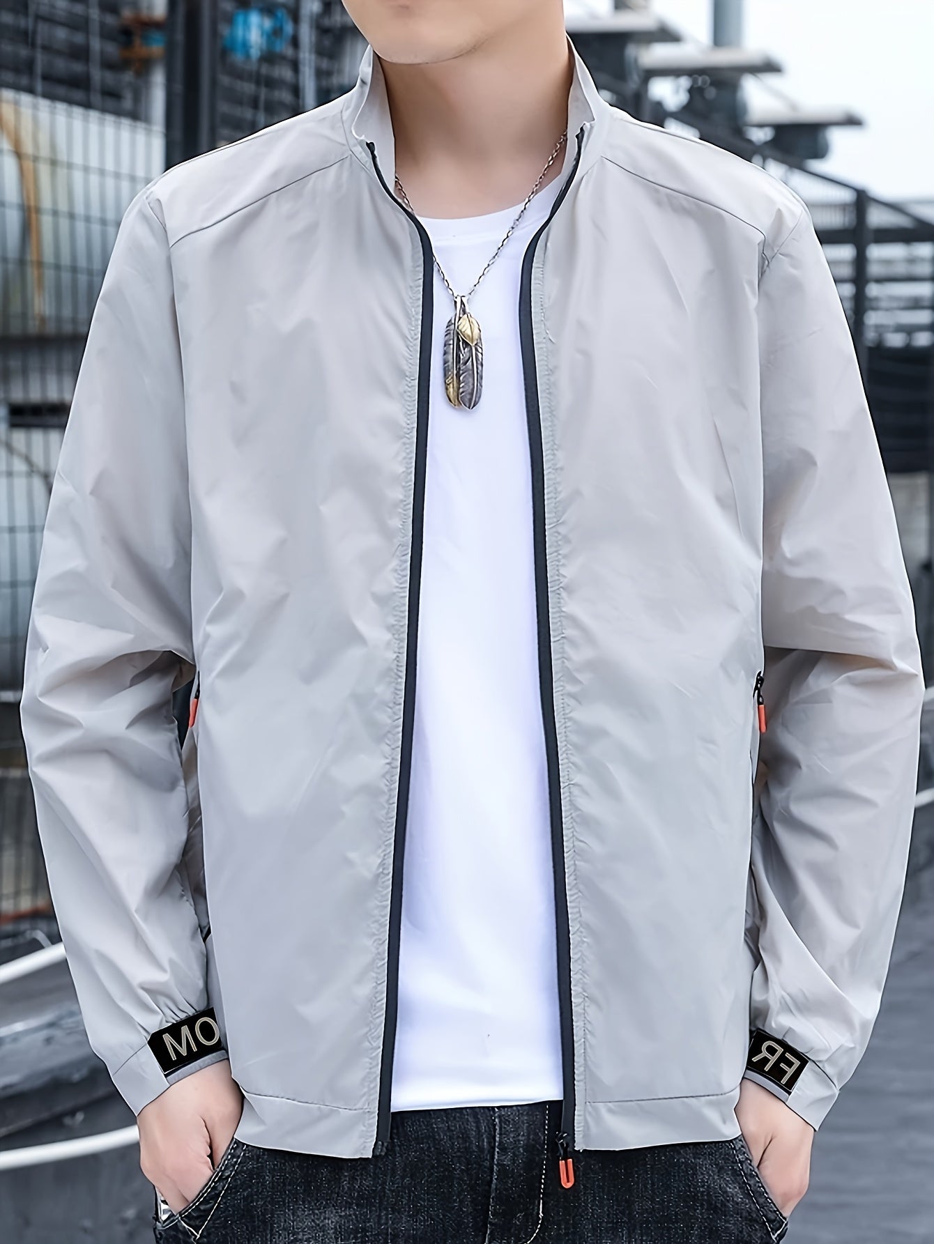 Men'S Lightweight Windbreaker Jacket - Softshell Zip-Up Coat with Stand Collar, Lightweight Windproof Outerwear for Gym, Fishing, Travel - Quick-Dry Athletic Jacket in Light Grey\Black - Spring\Fall\FSummer Casual Outerwear